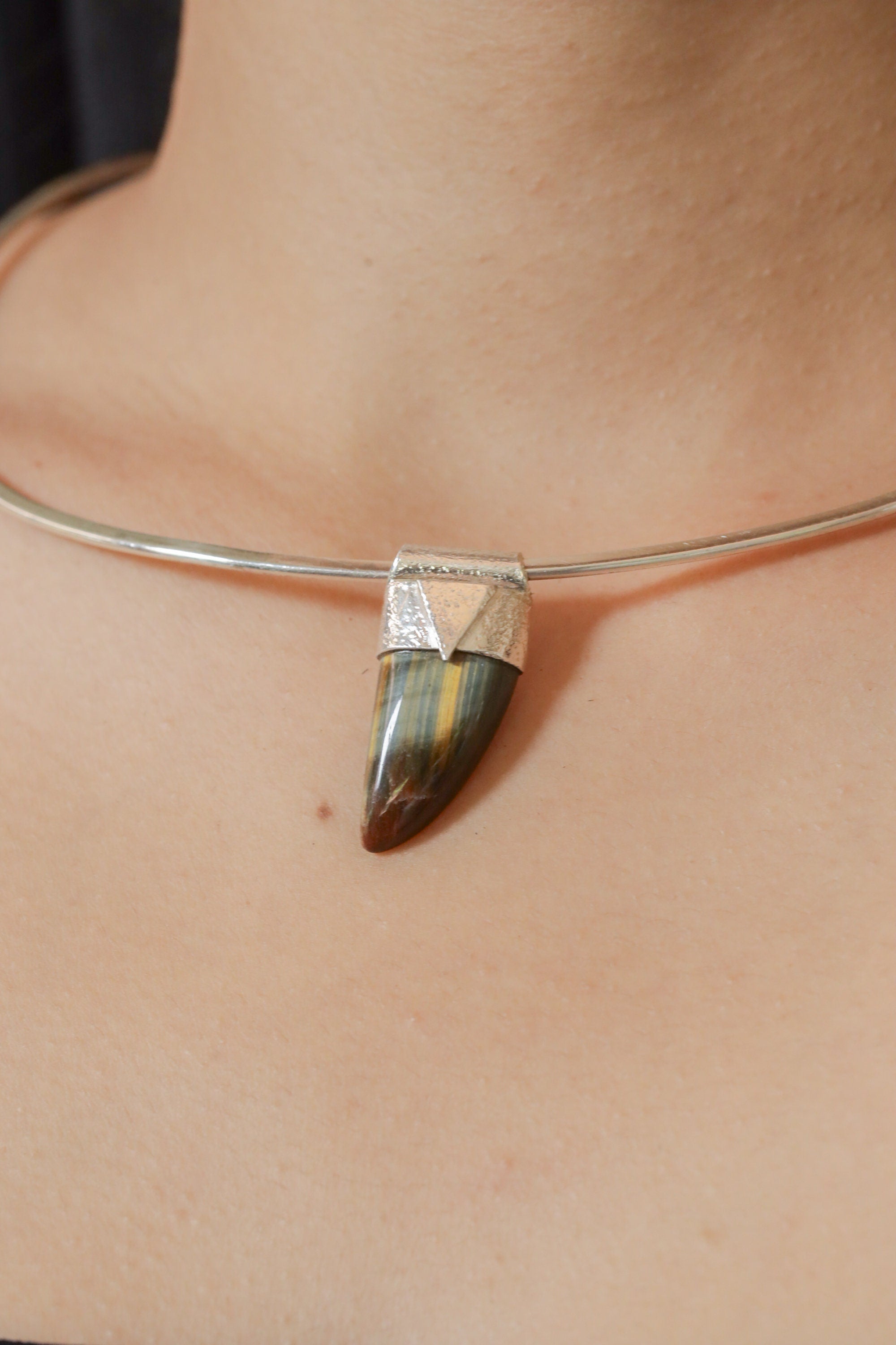 Fang Shaped Tiger Eye Cabochon - Stack Pendant - Organic Textured 925 Sterling Silver - Crystal Necklace