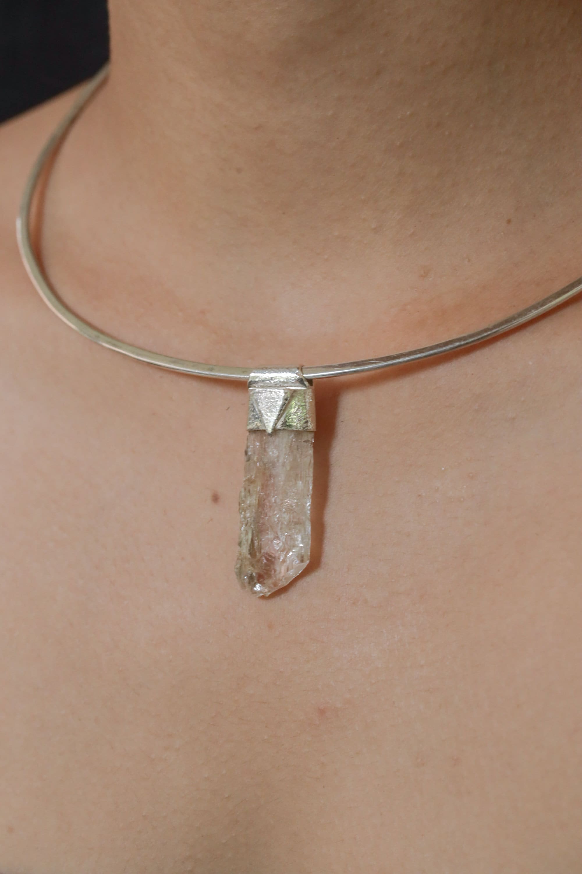 Naturally Terminated Clear Spodumene Stack Pendant, Organic Textured 925 Sterling Silver, Crown Chakra, Libra Zodiac, Emotional Balance