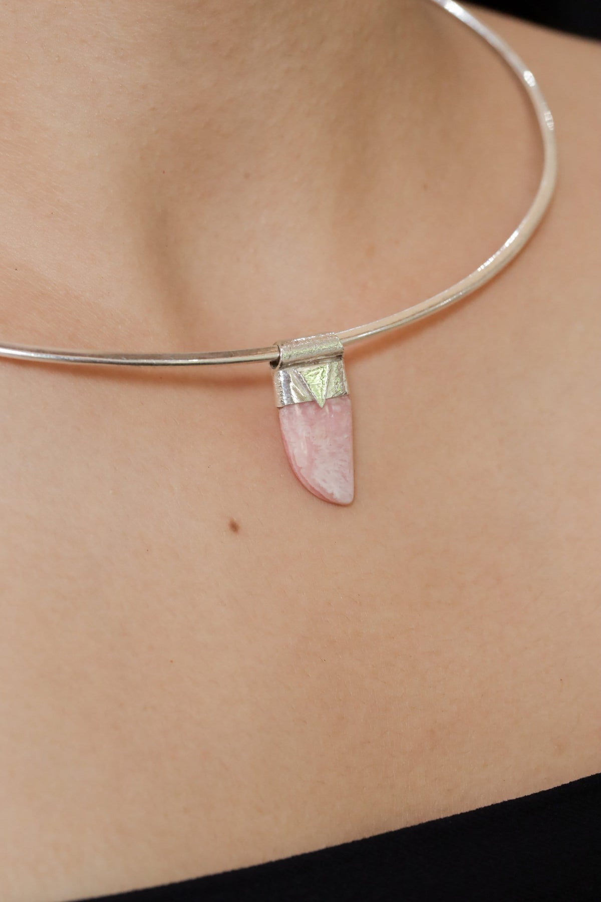 Gemmy Rhodochrosite Tooth Cabochon Stack Pendant, Organic Textured Sterling Silver, Heart Chakra, Scorpio, Emotional Healing, Unique Gift