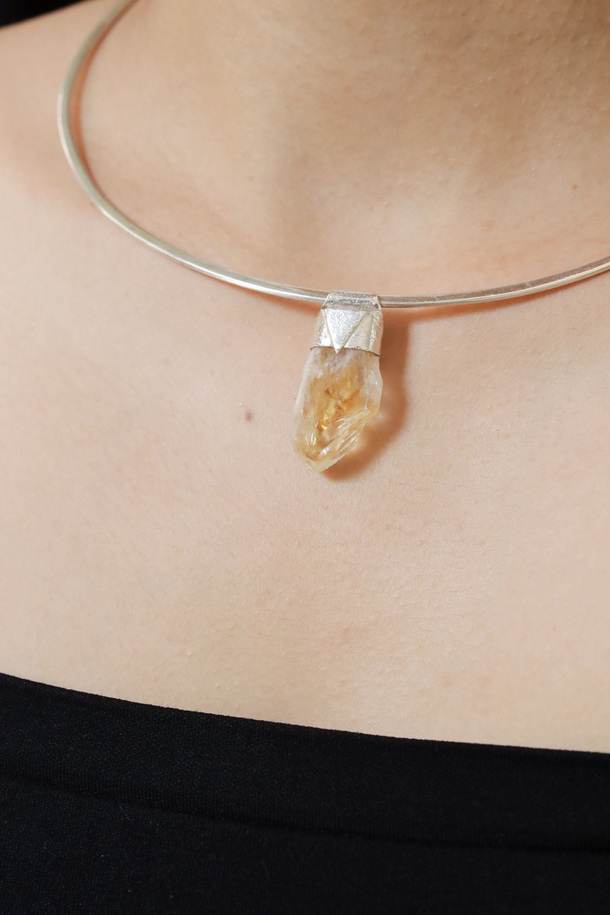 Natural Phantom Citrine Quartz Point Stack Pendant,Organic Textured 925 Sterling Silver,Solar Plexus Chakra, Leo Zodiac, Unique Gift - NO/01