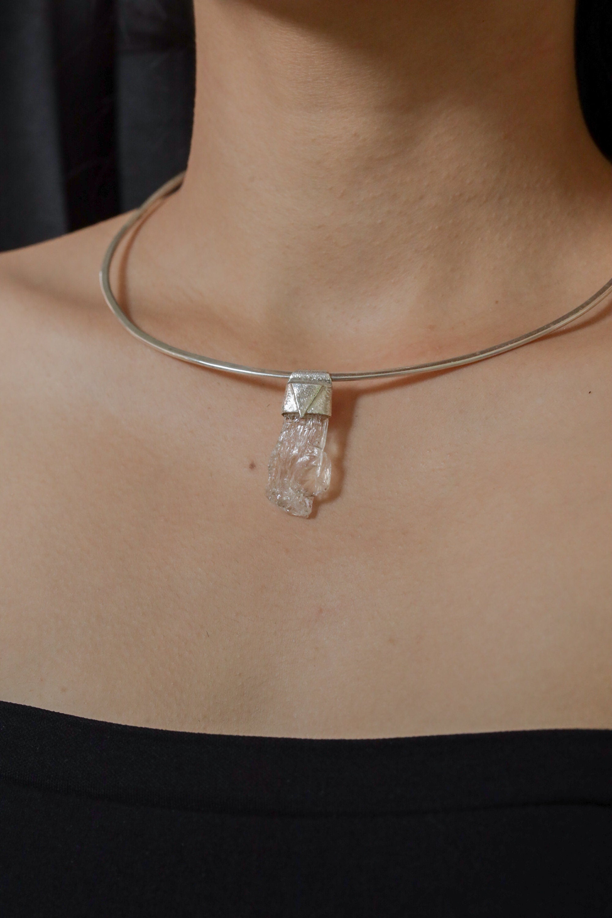 Naturally Clear Spodumene Slice - Stack Pendant - Organic Textured 925 Sterling Silver - Crystal Necklace