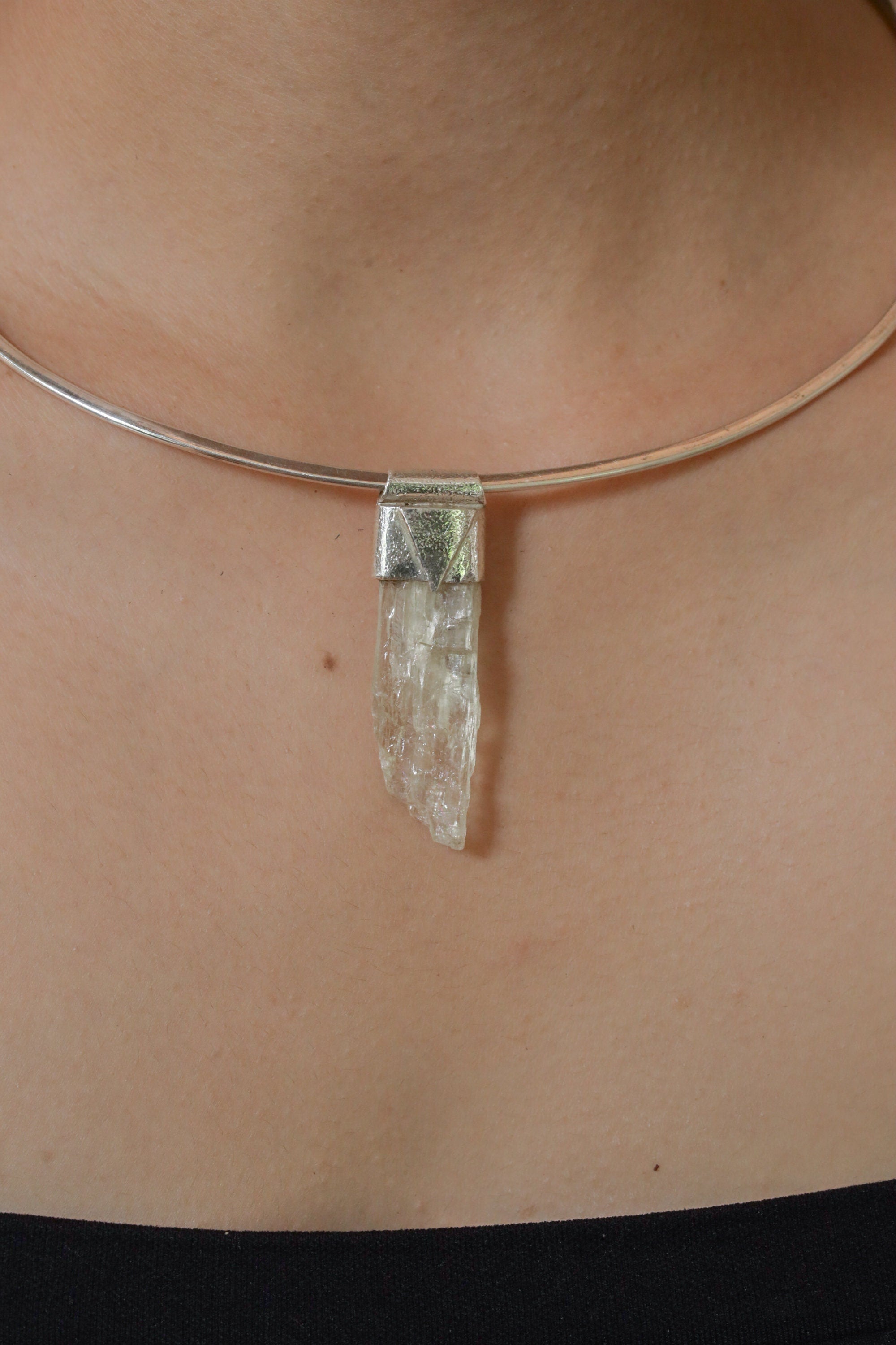 Light Green Hiddenite/Spodumene Stack Pendant, Organic Textured Sterling Silver, Heart Chakra, Libra,Emotional Healing and Love, Unique Gift