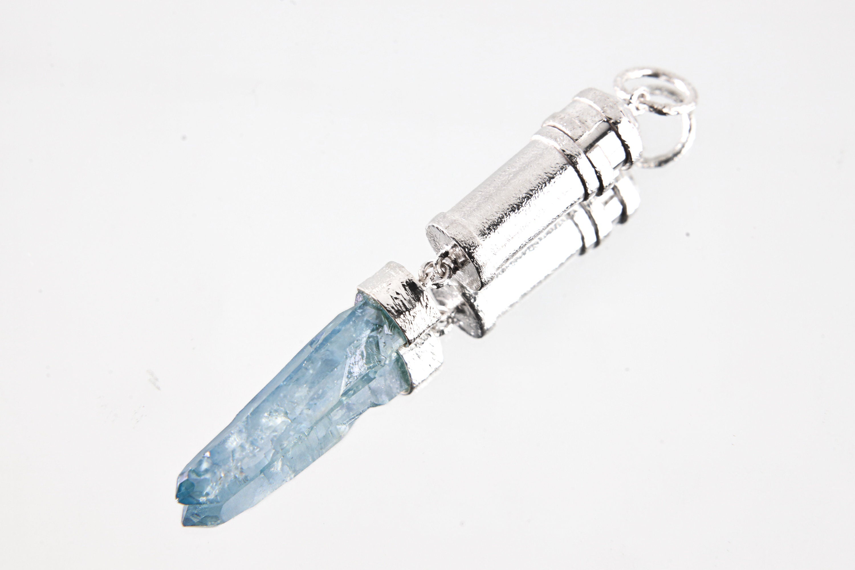 Dangling Aqua Aura Quartz Point - Sizable Solid Capsule Locket - Stash Urn - Textured & Sterling Silver Pendant