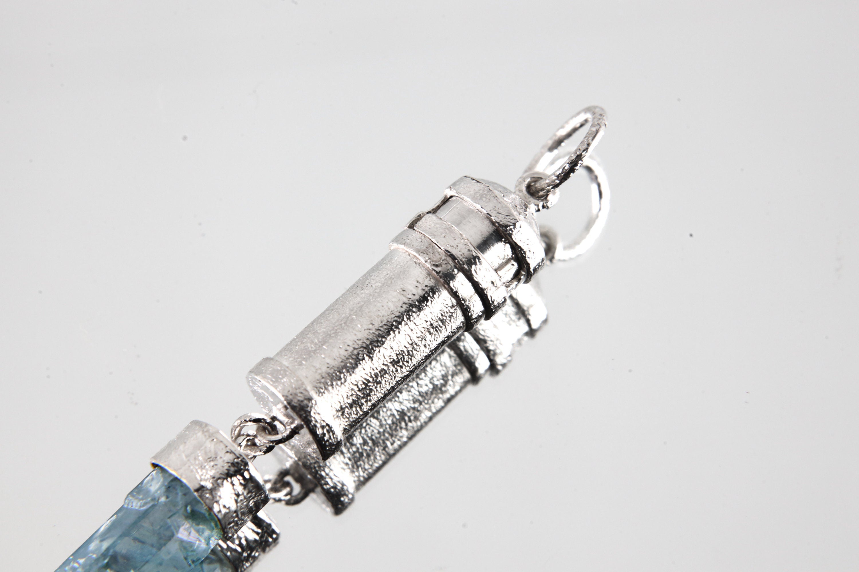 Dangling Aqua Aura Quartz Point - Sizable Solid Capsule Locket - Stash Urn - Textured & Sterling Silver Pendant