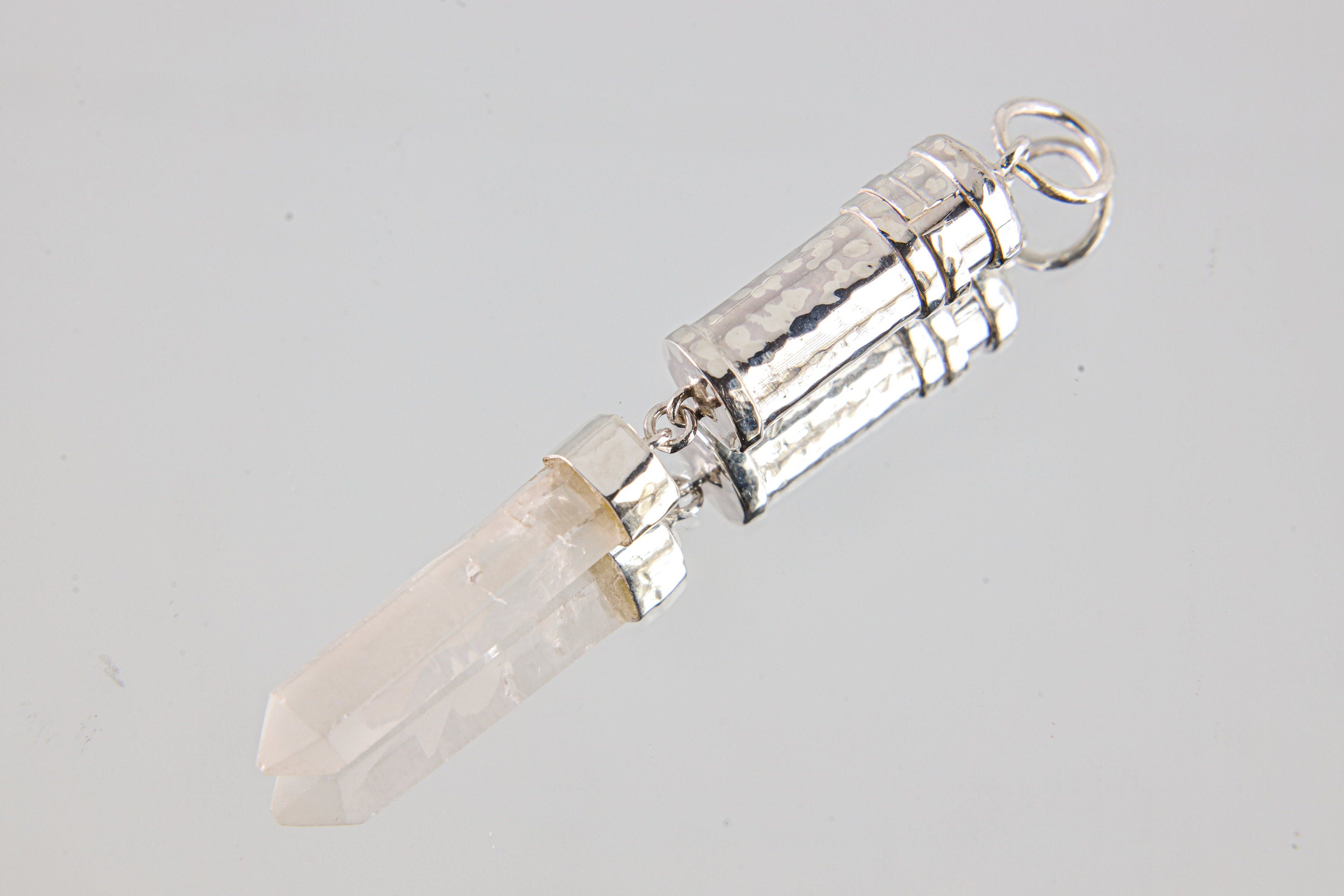 Sterling Silver Pendant with Dangling Australian Clear Quartz Point, Capsule Locket Necklace, Sand Textured, Stash Urn Charm