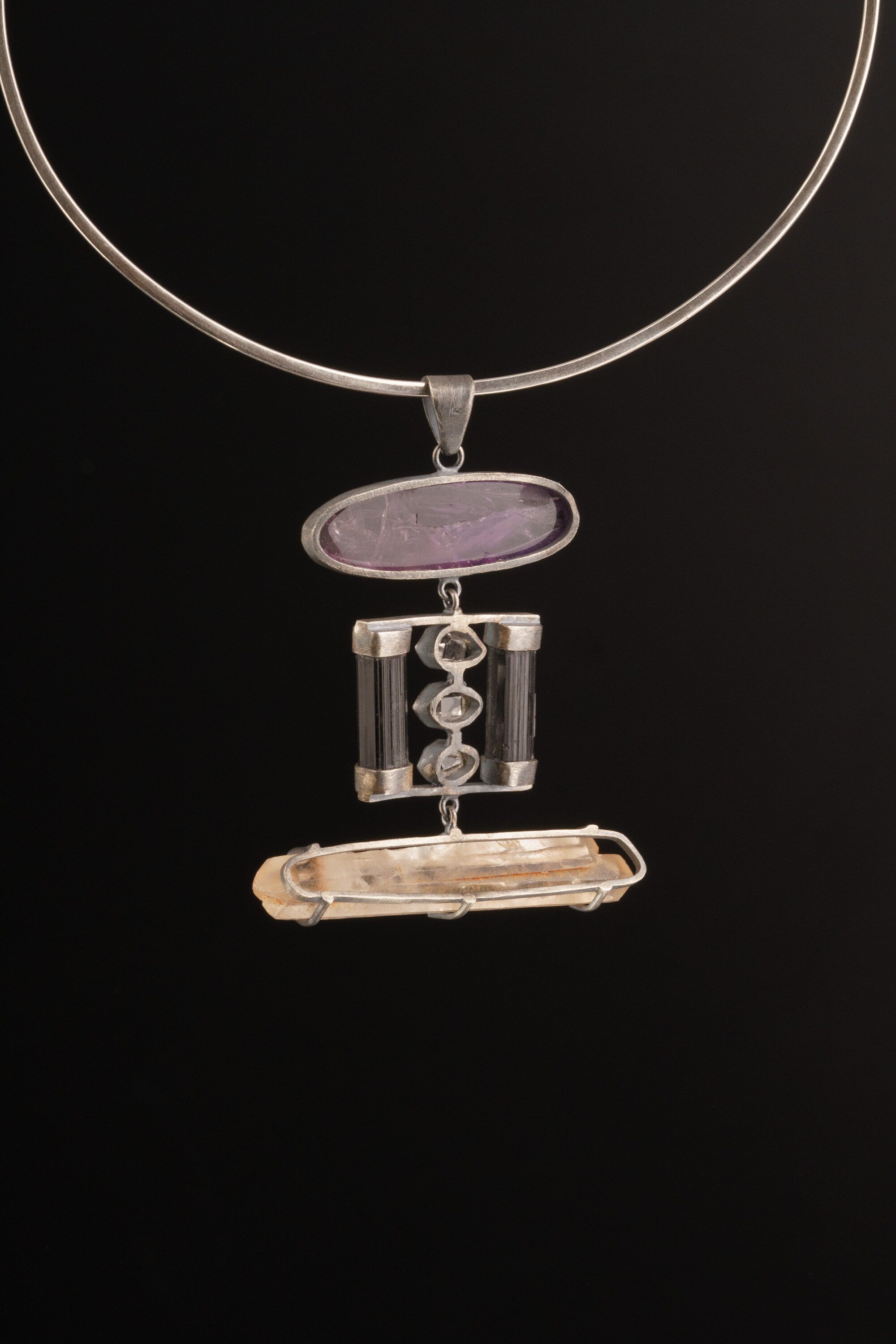 Oxidized Sterling Silver Amulet Featuring Amethyst, Herkimer Diamonds, Black Tourmaline, Lithium Quartz, Healing Crystal Pendant Necklace