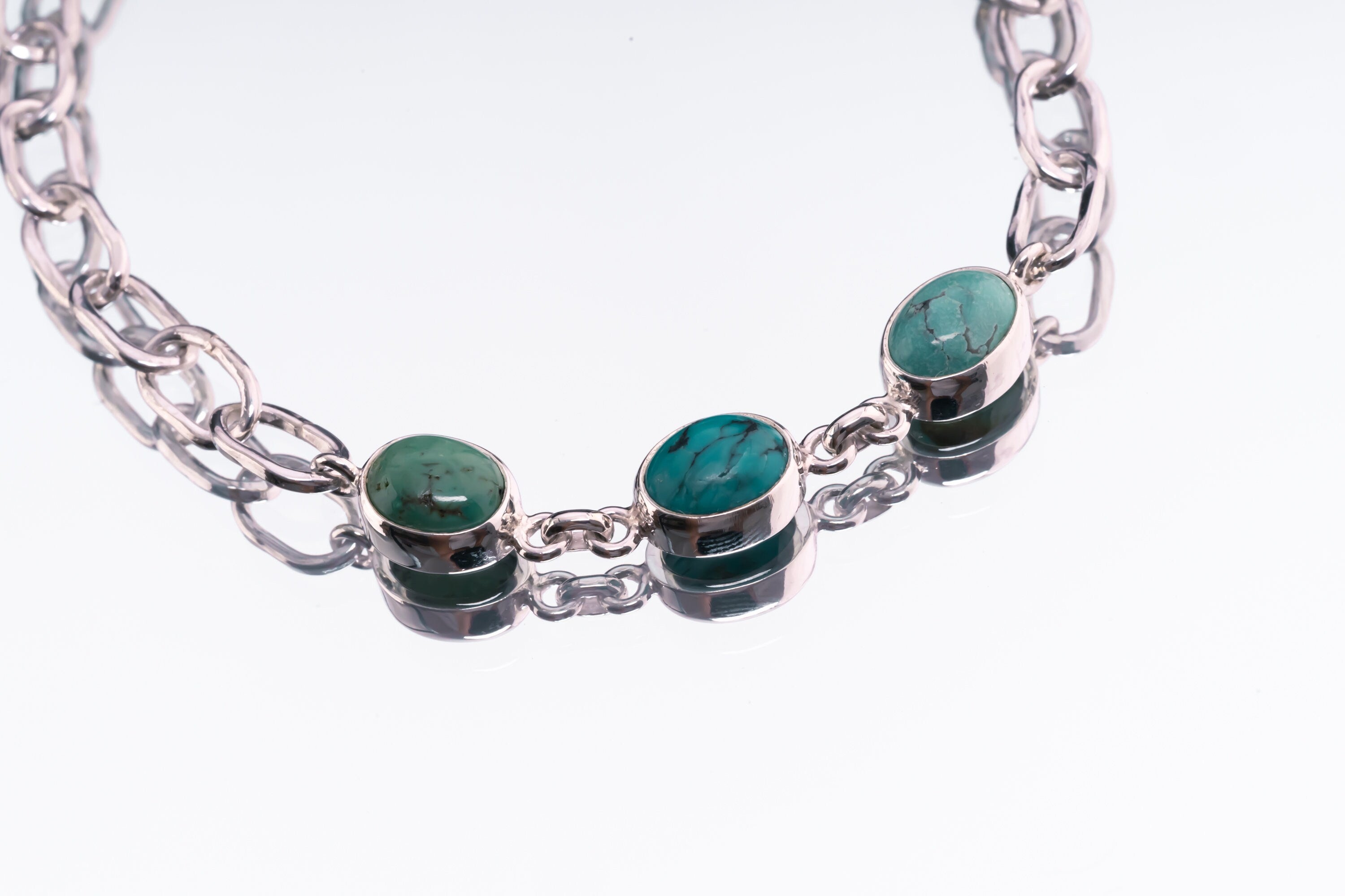 Adjustable Crystal Bracelet with Tibetan Turquoise & Herkimer Diamond Charm 925 Sterling Silver Hammered Thick Link Chain Polished Finish