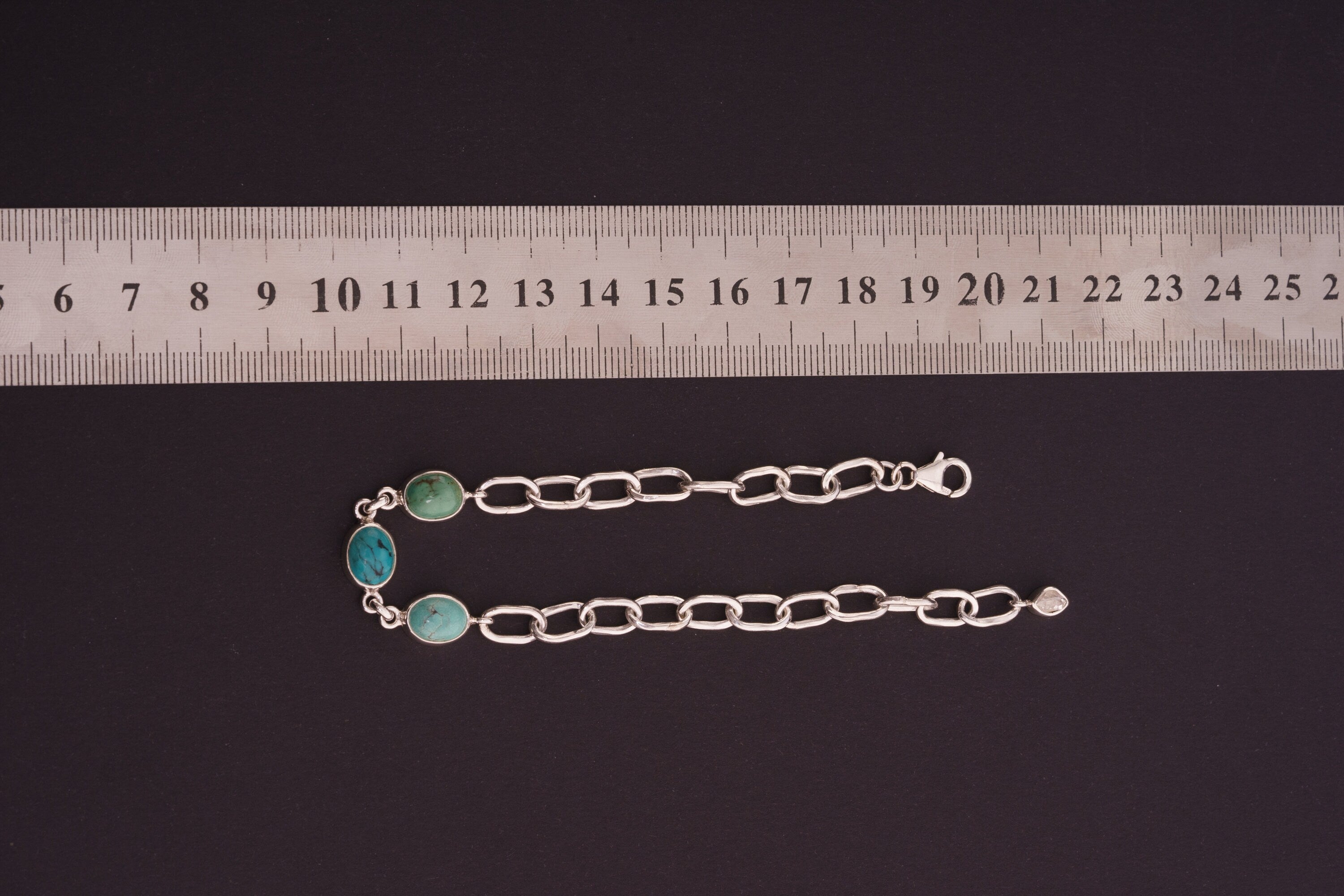 Adjustable Crystal Bracelet with Tibetan Turquoise & Herkimer Diamond Charm 925 Sterling Silver Hammered Thick Link Chain Polished Finish