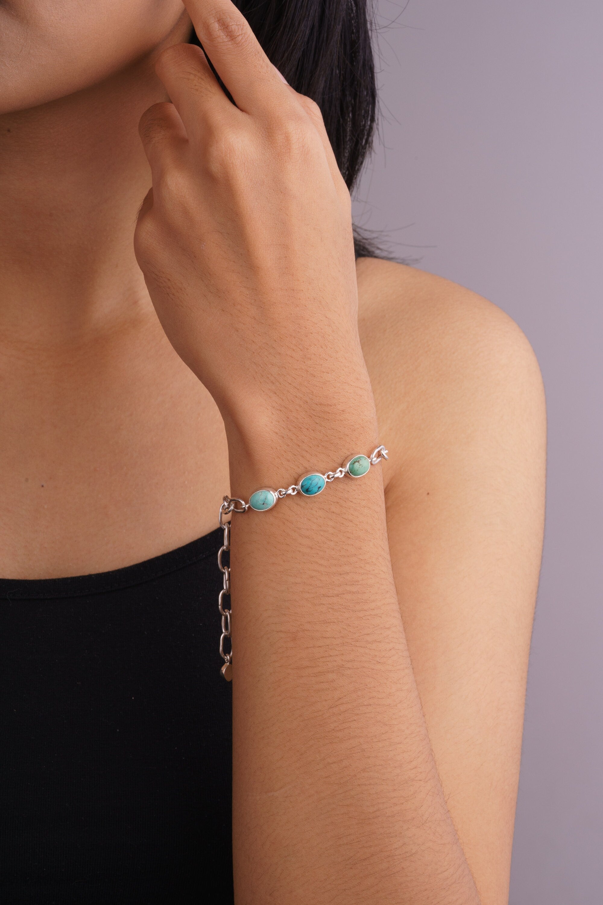 Adjustable Crystal Bracelet with Tibetan Turquoise & Herkimer Diamond Charm 925 Sterling Silver Hammered Thick Link Chain Polished Finish
