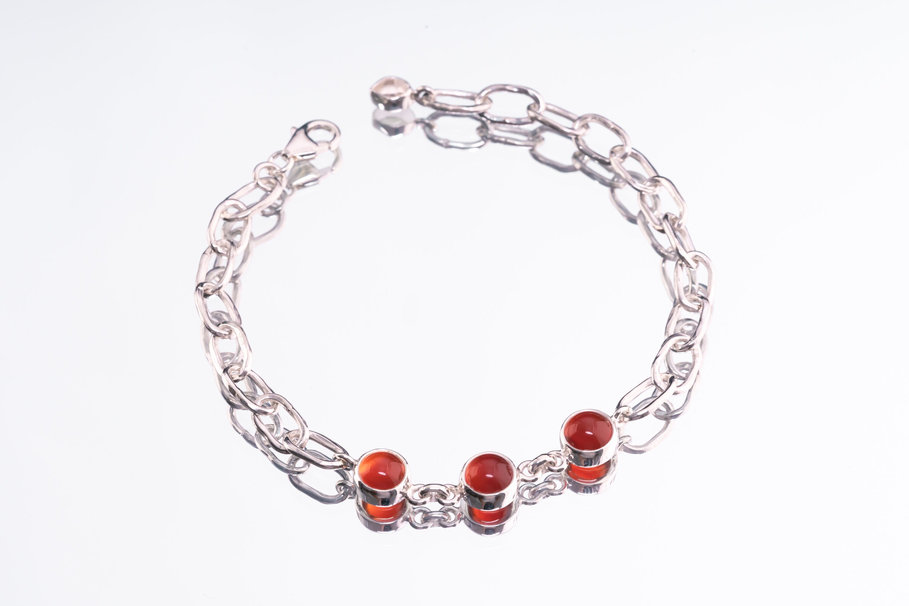 Adjustable Crystal Bracelet with Red Australian Carnelian, Herkimer Diamond 925 Sterling Silver Chain, Hammered Thick Link, Polished Finish