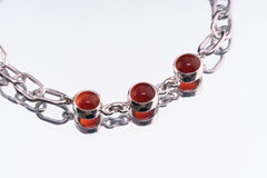 Adjustable Crystal Bracelet with Red Australian Carnelian, Herkimer Diamond 925 Sterling Silver Chain, Hammered Thick Link, Polished Finish