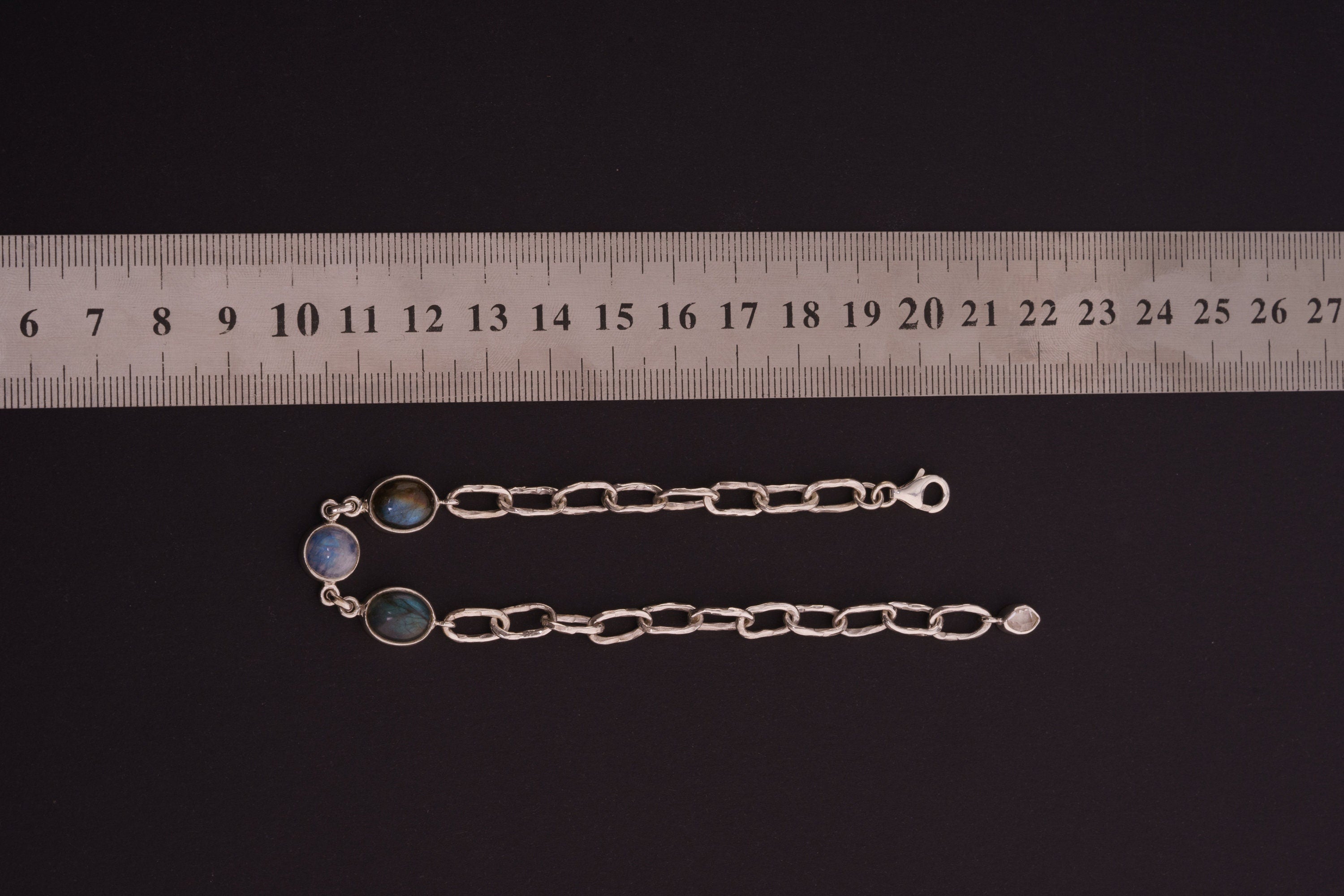 Adjustable Crystal Bracelet with Moonstone, Labradorite, and Herkimer Diamond - 925 Sterling Silver, Hammered Link Chain, Polished Finish