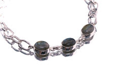 Crystal Bracelet Adjustable with Three Labradorite & Herkimer Diamond Charm 925 Sterling Silver Hammered Thick Link Chain Polished Finish