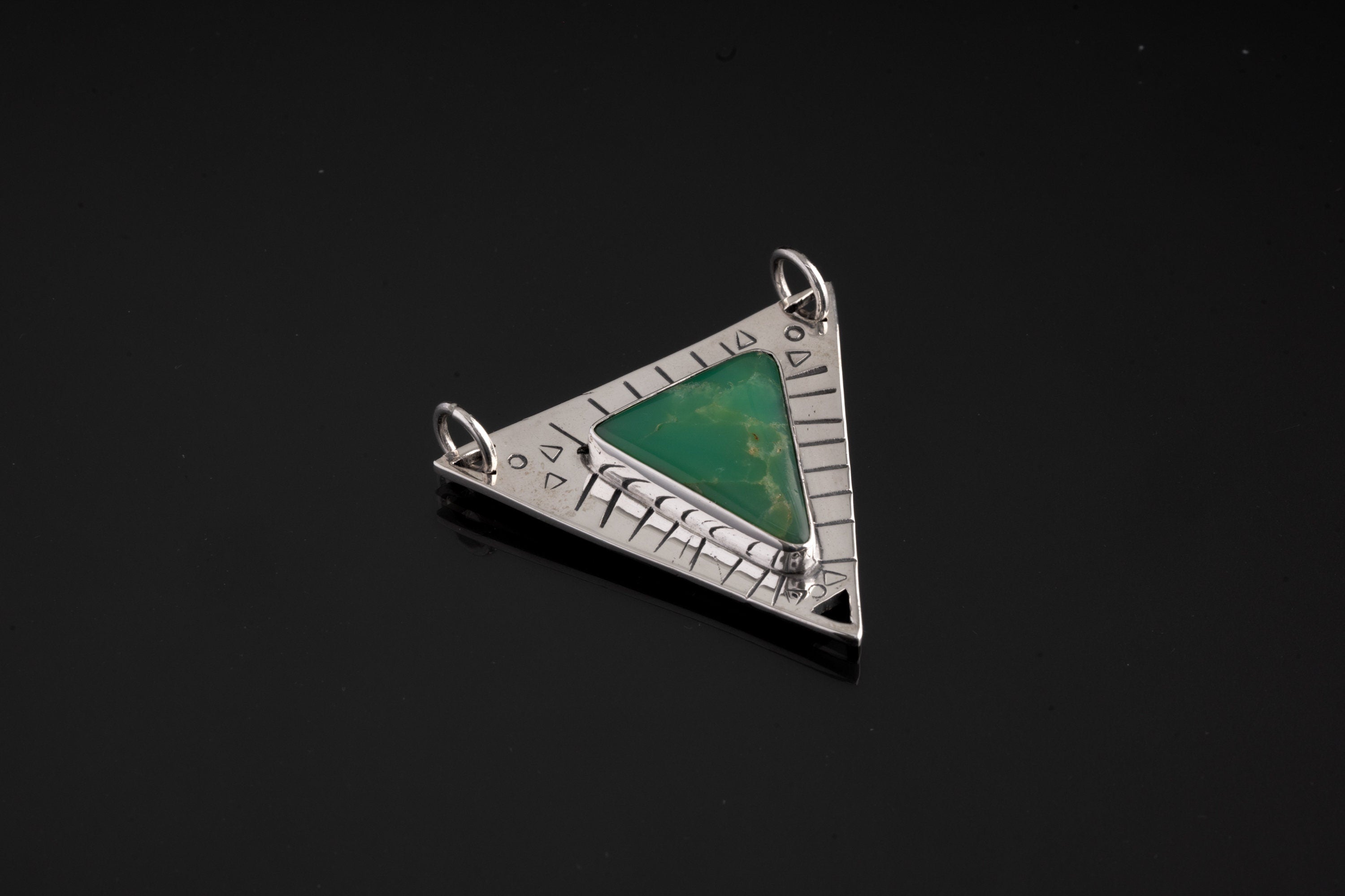 Gemmey Australian Chrysoprase Triangle - 925 Silver Pendant - Flat - Textured - High Shine Polished - Powerful Emotional Healing