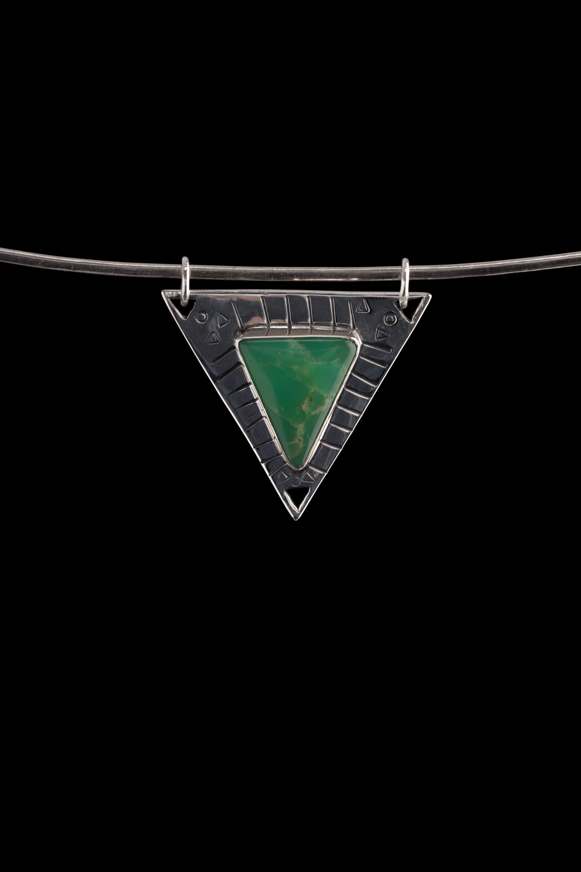 Gemmey Australian Chrysoprase Triangle - 925 Silver Pendant - Flat - Textured - High Shine Polished - Powerful Emotional Healing