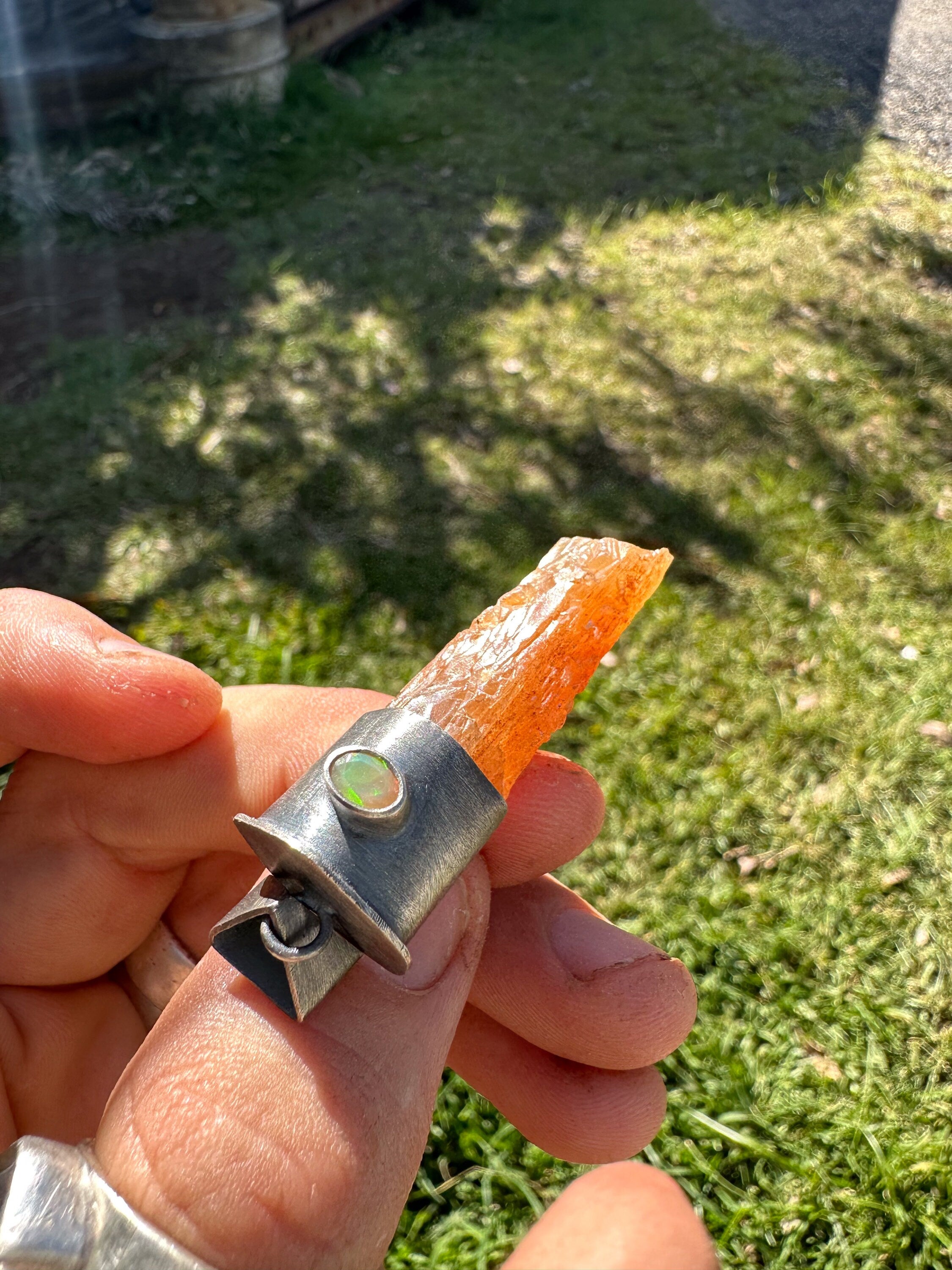 Unique Sterling Silver Pendant with Rare Orange Calcite and Faceted Ethiopian Opal Necklace, Oxidized and Textured, Crystals Amulet