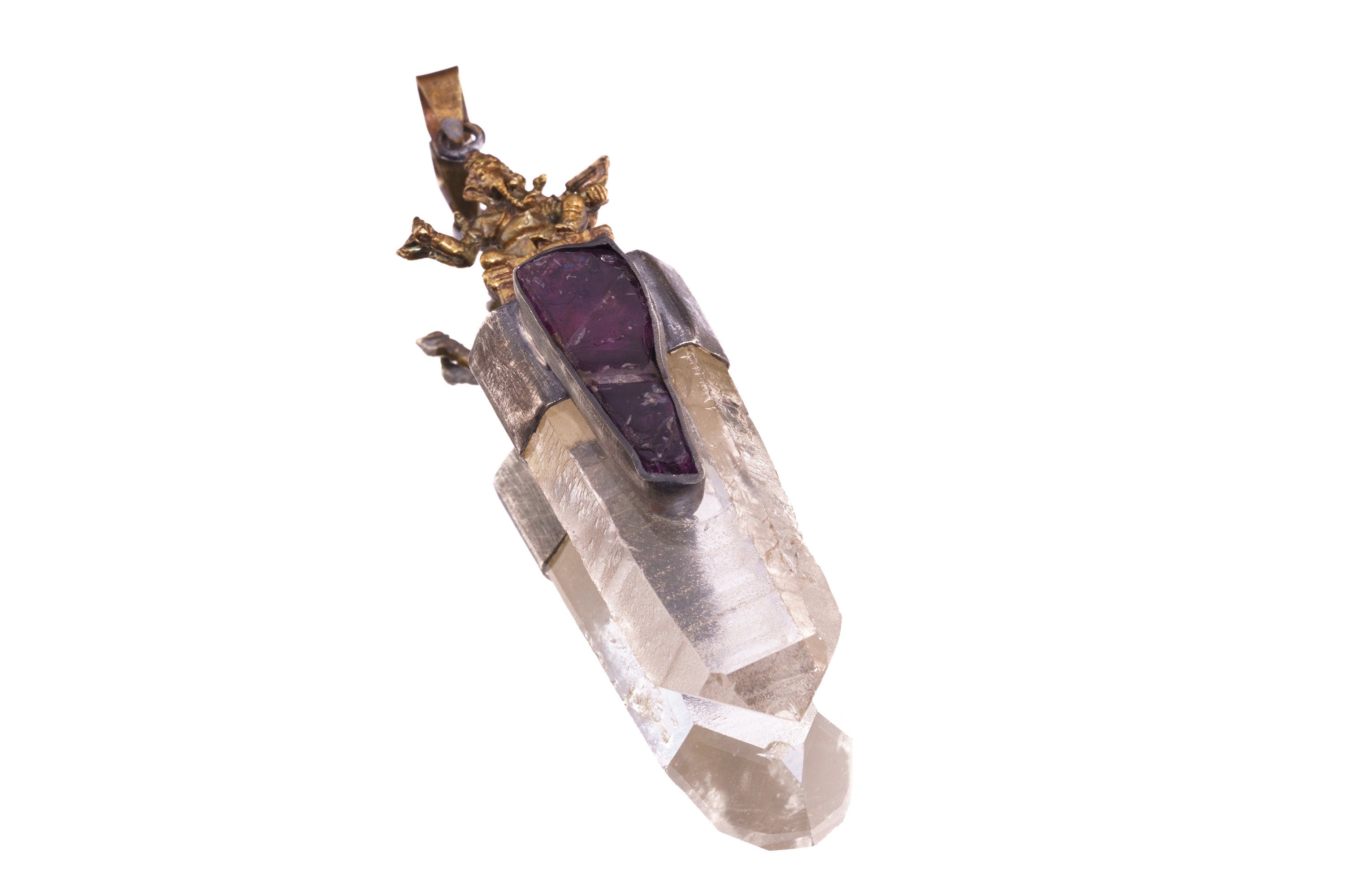 Divine Ganesha Necklace with Lemurian Quartz Point & Raw Gemmy Amethyst, Brushed Sterling Silver Set, Brass Cast Ganesha, Spiritual Charm