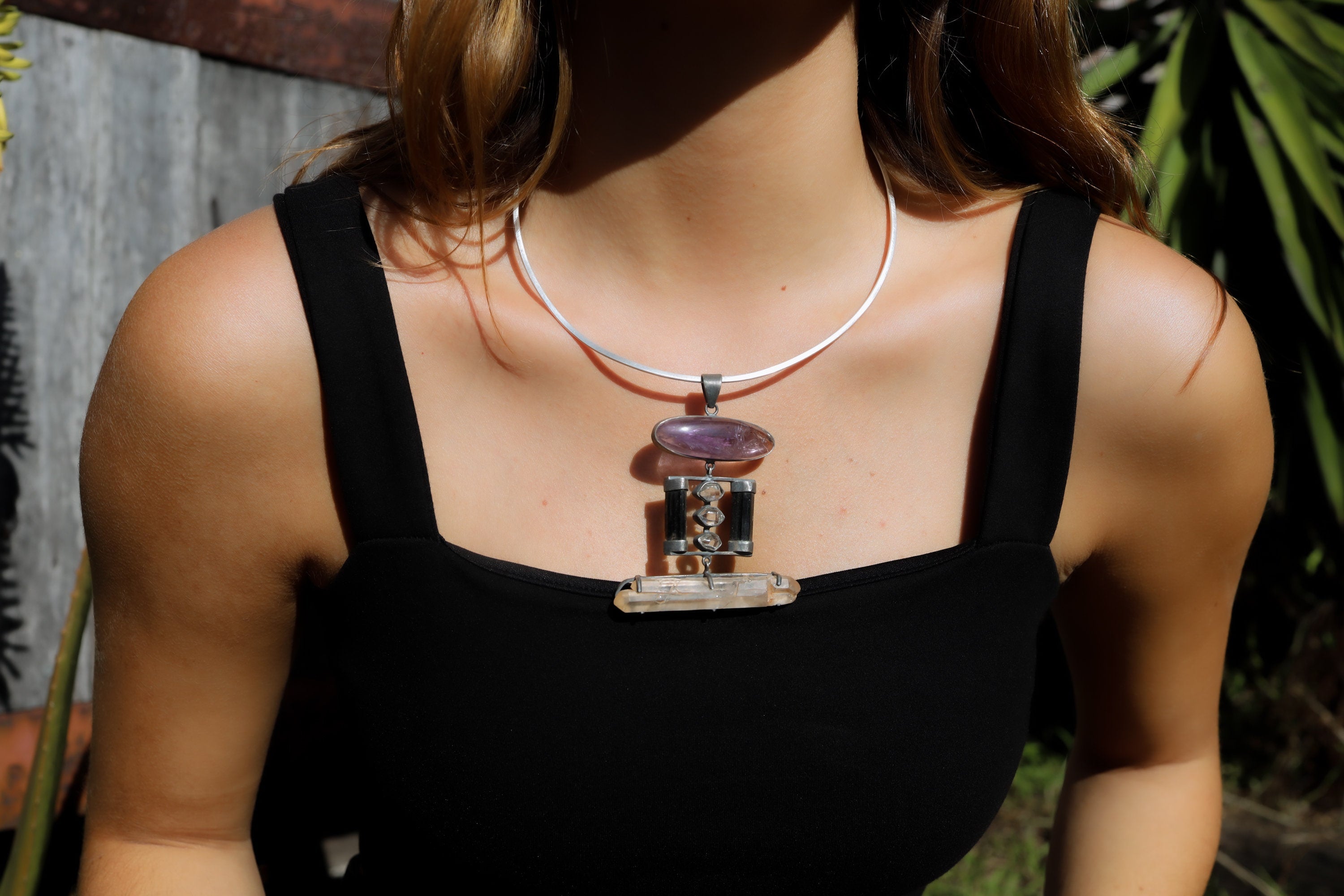 Oxidized Sterling Silver Amulet Featuring Amethyst, Herkimer Diamonds, Black Tourmaline, Lithium Quartz, Healing Crystal Pendant Necklace