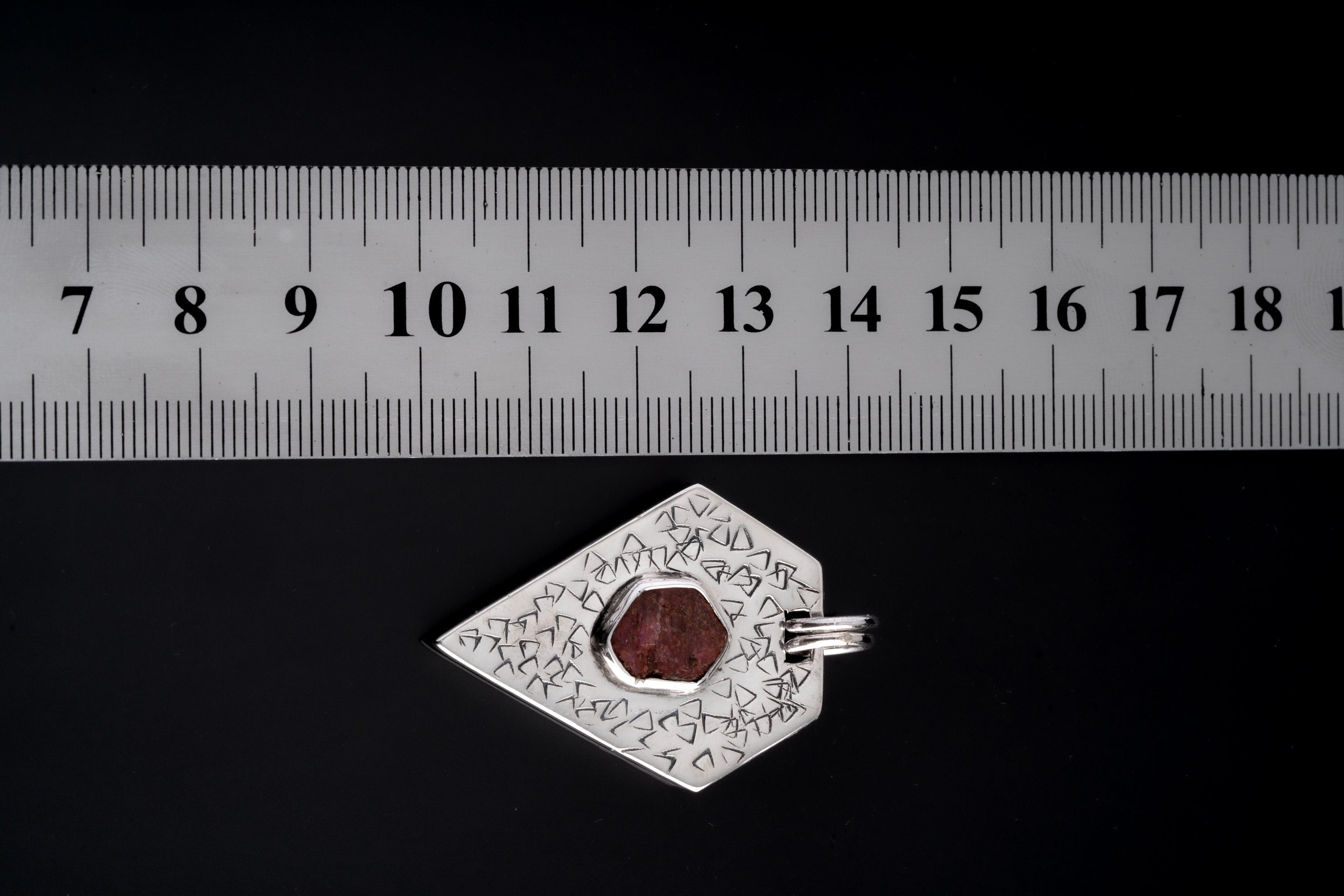 Geometric Gemmy Record Keeper Ruby Muse - Sterling Silver Pendant - Textured & Shiny Finished