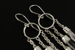 Hammered Hoop Earrings in 925 Sterling Silver, Featuring 3 Chain-Linked Celestial Lemurian Quartz Points, Stylish Hook Earrings