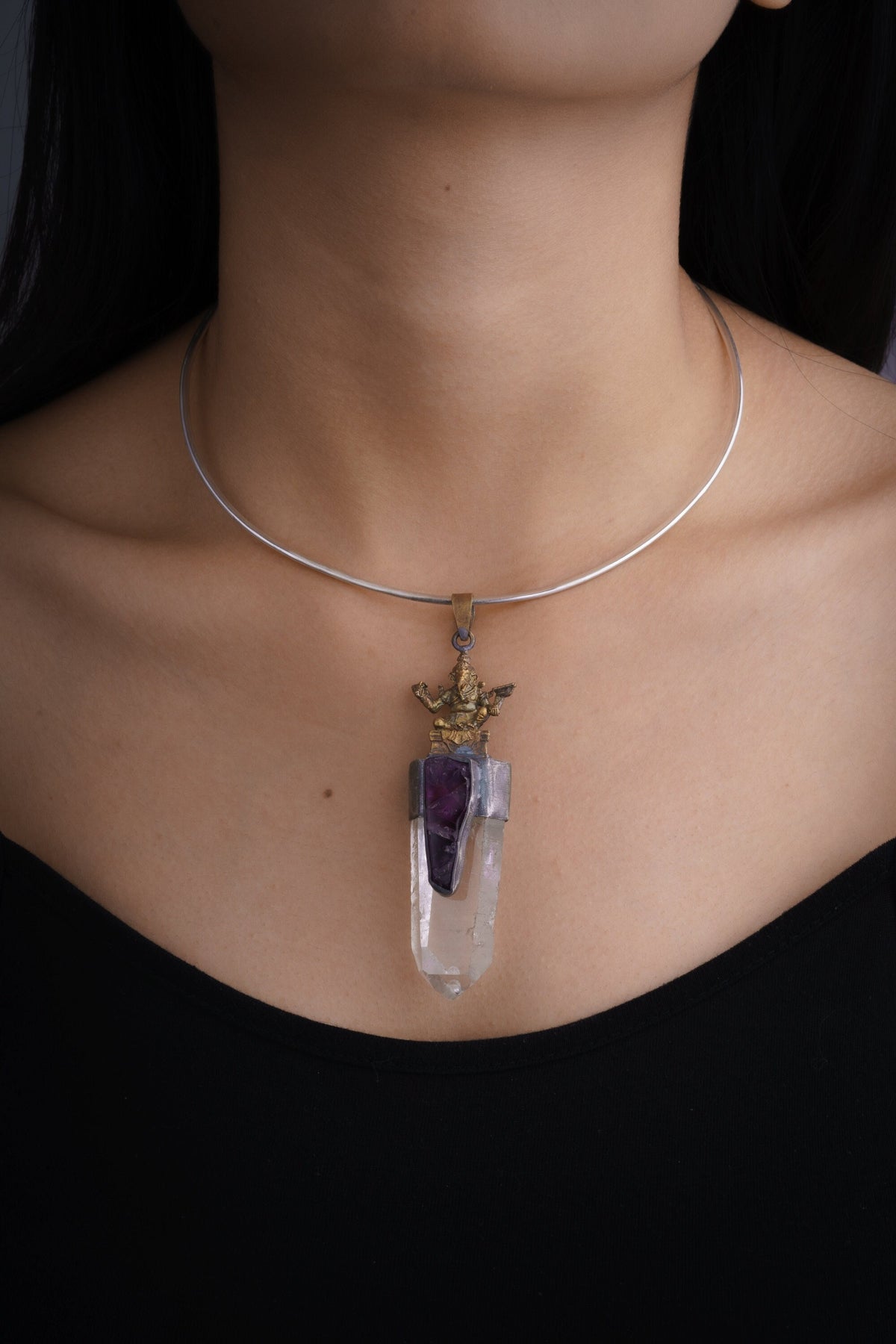 Divine Ganesha Necklace with Lemurian Quartz Point & Raw Gemmy Amethyst, Brushed Sterling Silver Set, Brass Cast Ganesha, Spiritual Charm