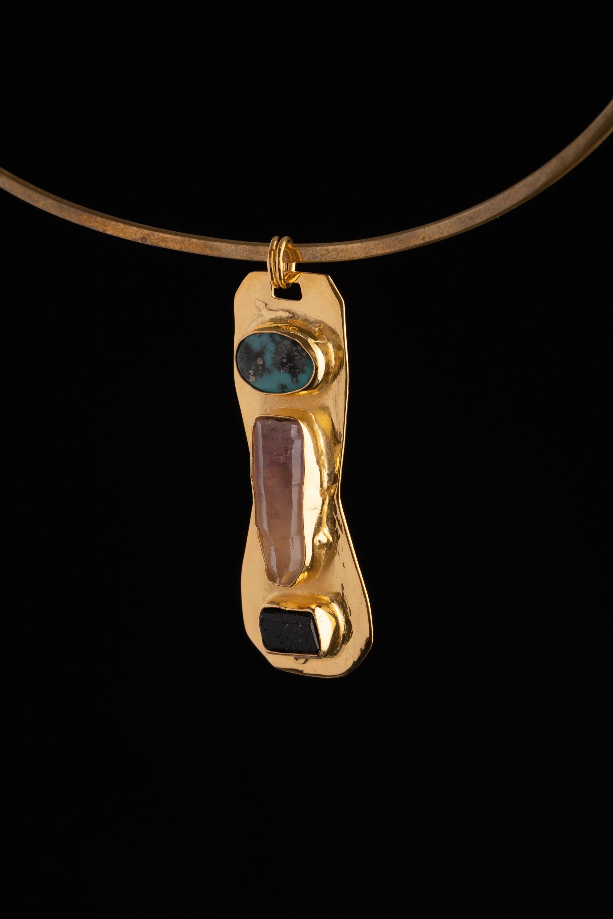 Turquoise, Vera Cruz Amethyst, Black Tourmaline - Brass Pendant - Gold Plated
