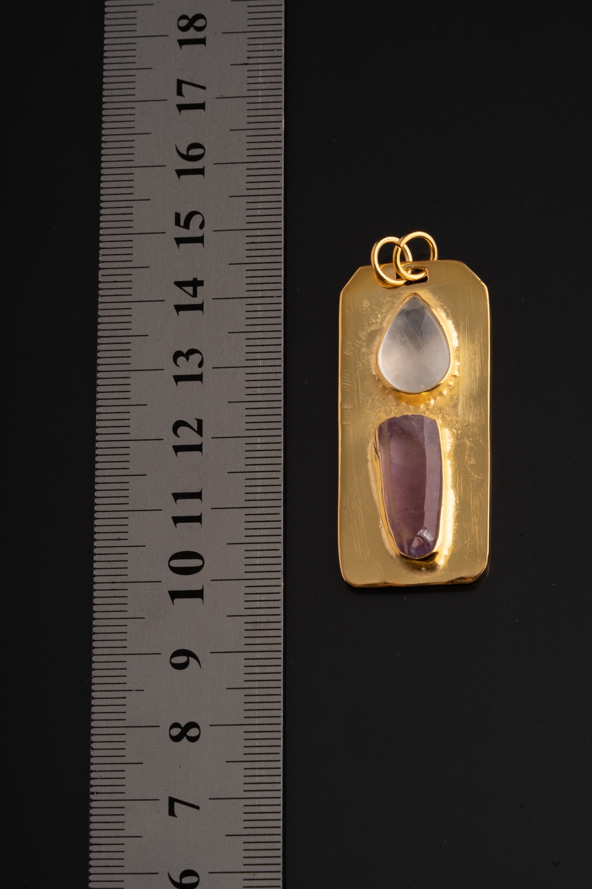 Brass Pendant adorned with Teardrop Moonstone & Vera Cruz Amethyst - Gold Plated - Double Bail Design