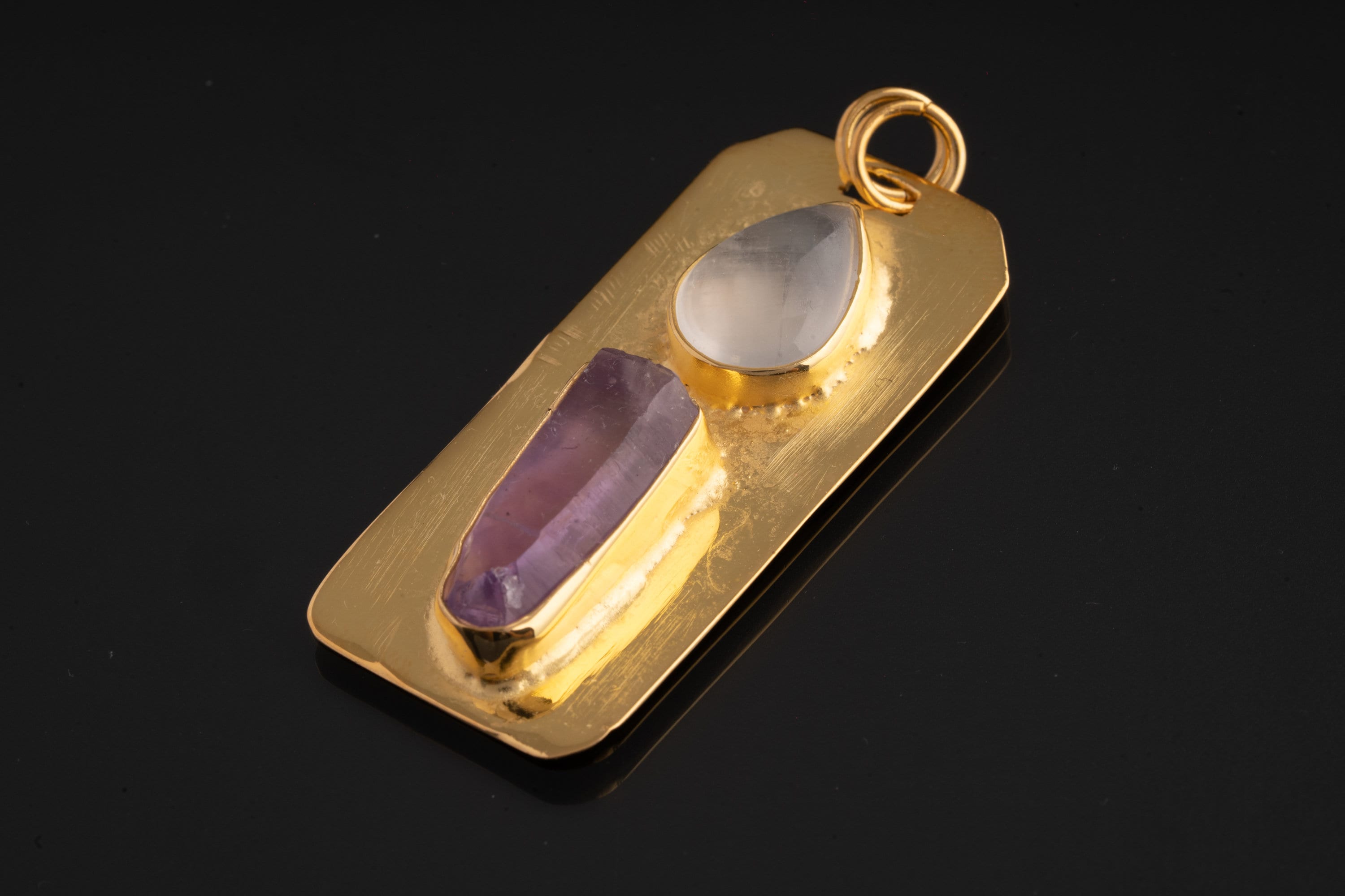 Brass Pendant adorned with Teardrop Moonstone & Vera Cruz Amethyst - Gold Plated - Double Bail Design