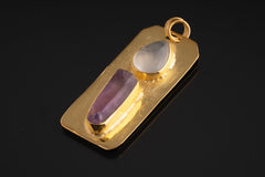 Brass Pendant adorned with Teardrop Moonstone & Vera Cruz Amethyst - Gold Plated - Double Bail Design