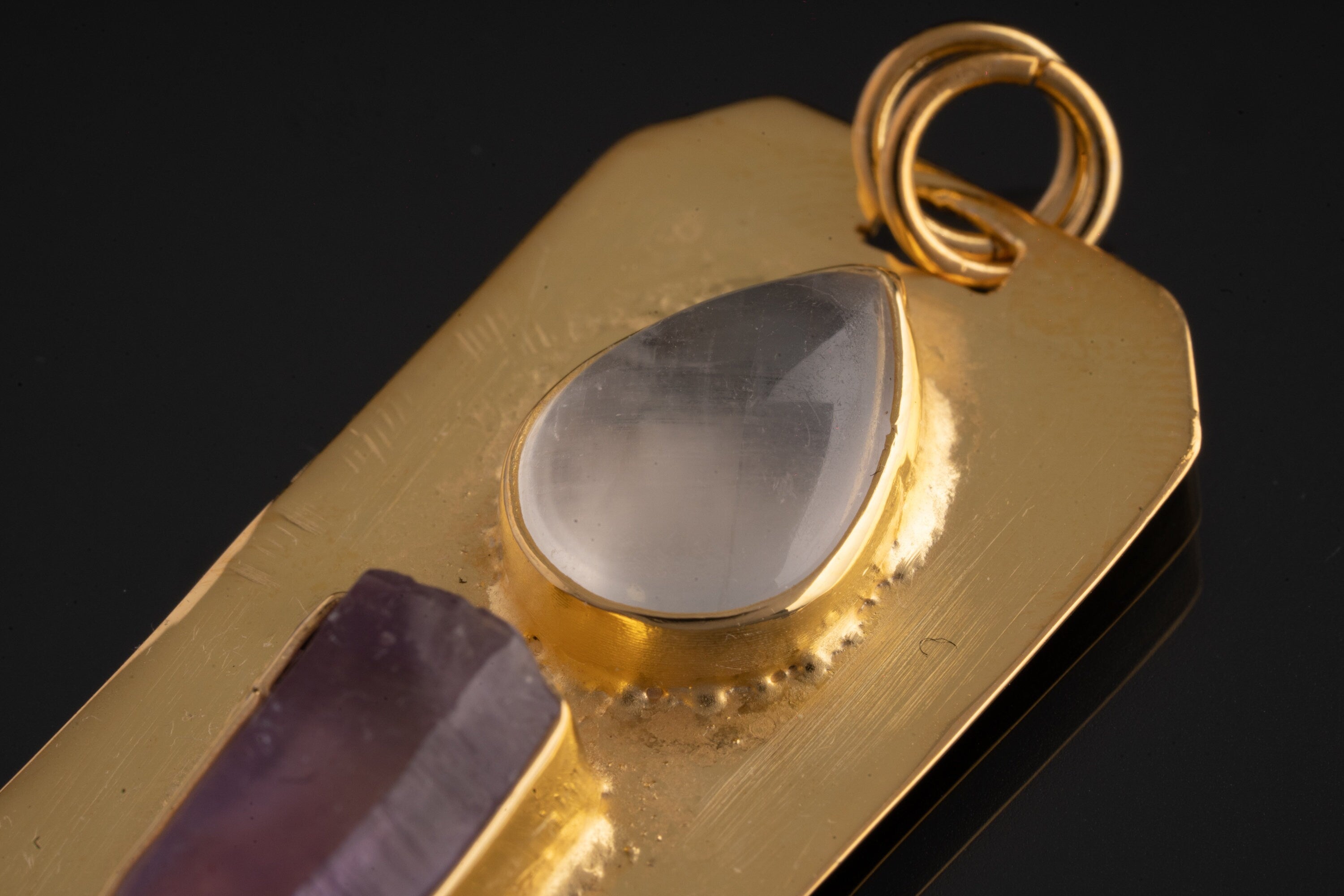 Brass Pendant adorned with Teardrop Moonstone & Vera Cruz Amethyst - Gold Plated - Double Bail Design