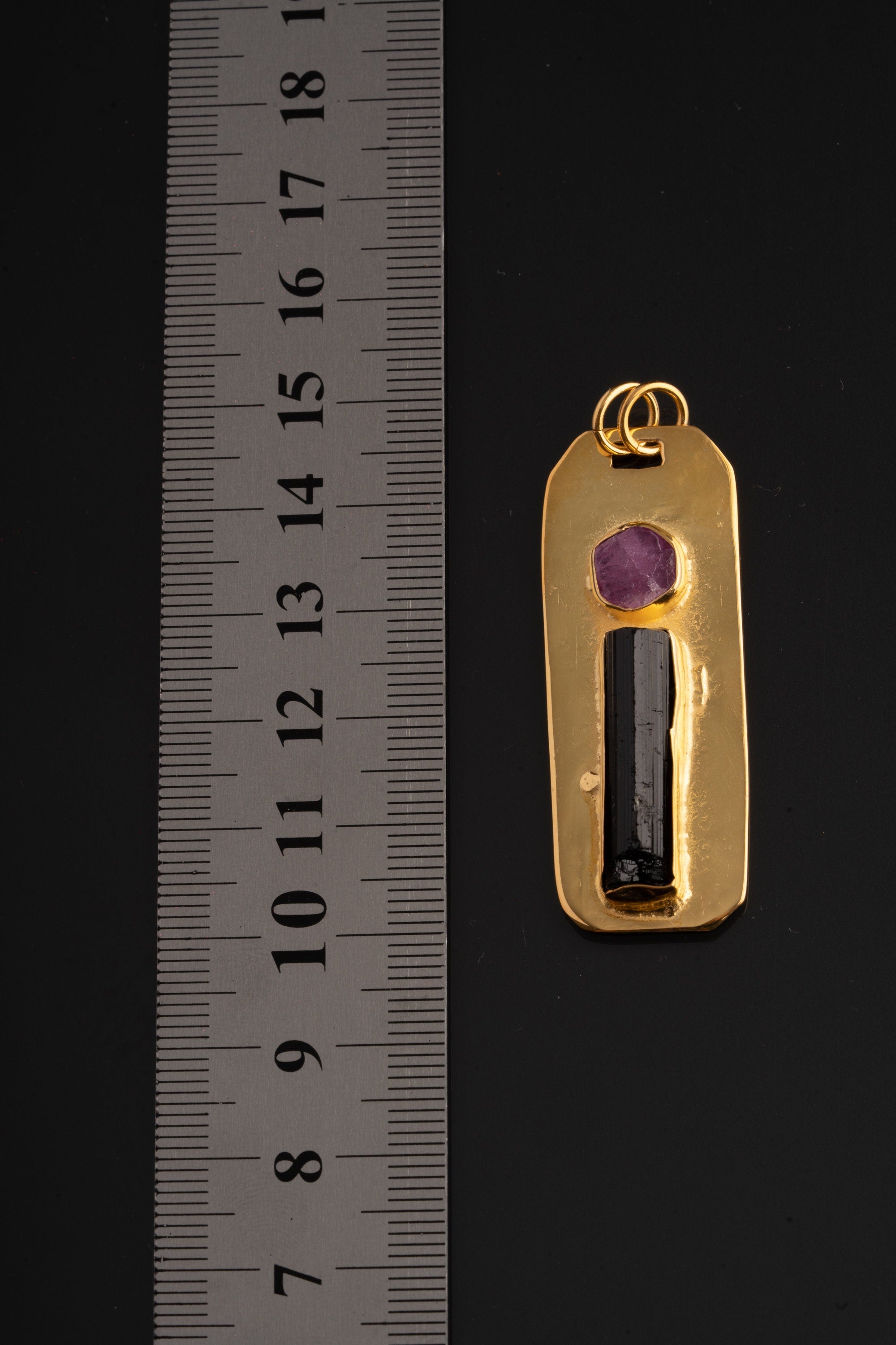 Ruby & Black Tourmaline - Brass Pendant - Gold Plated - Harmony and Contrast