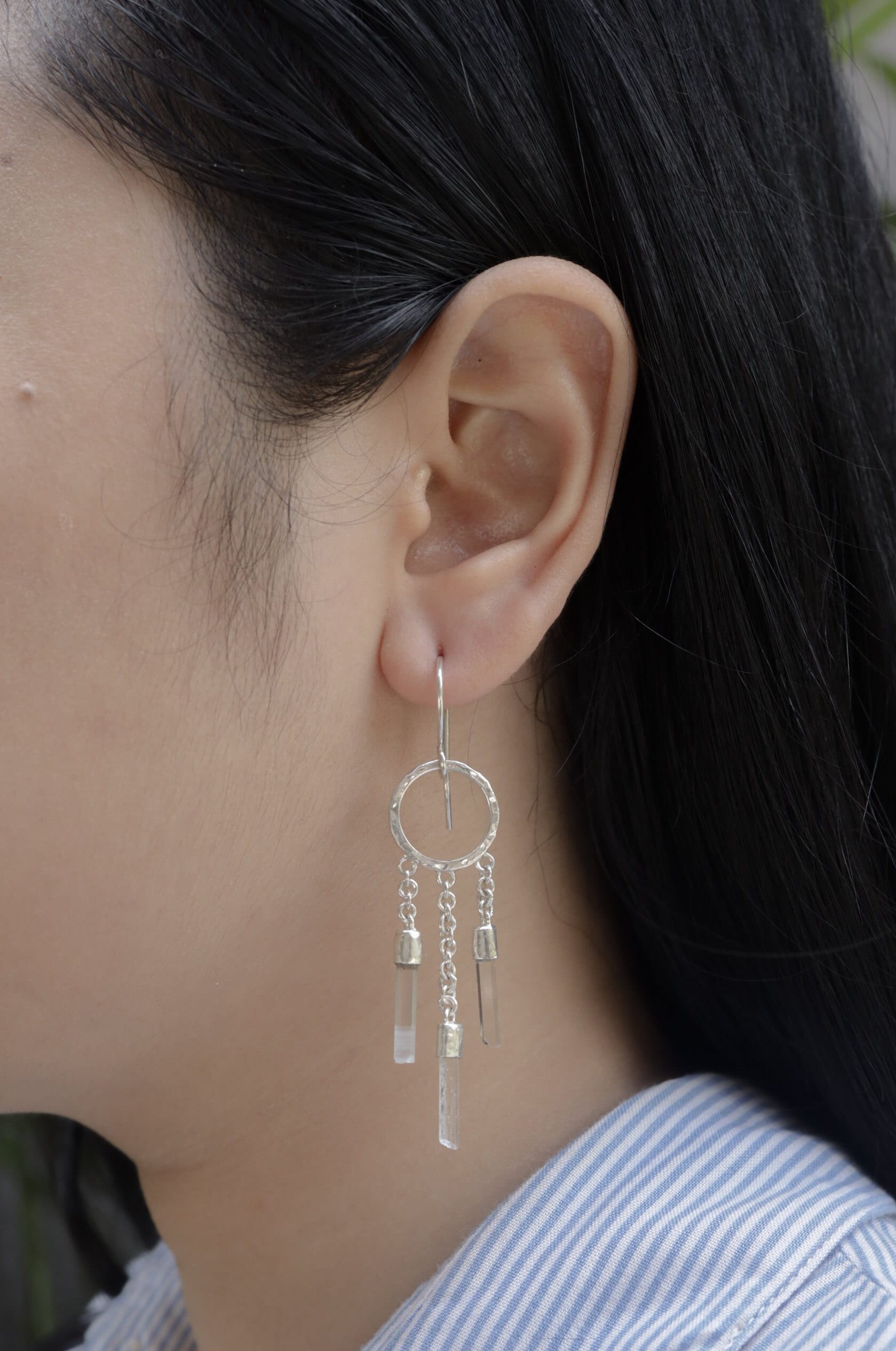 Hammered Hoop Earrings in 925 Sterling Silver, Featuring 3 Chain-Linked Celestial Lemurian Quartz Points, Stylish Hook Earrings
