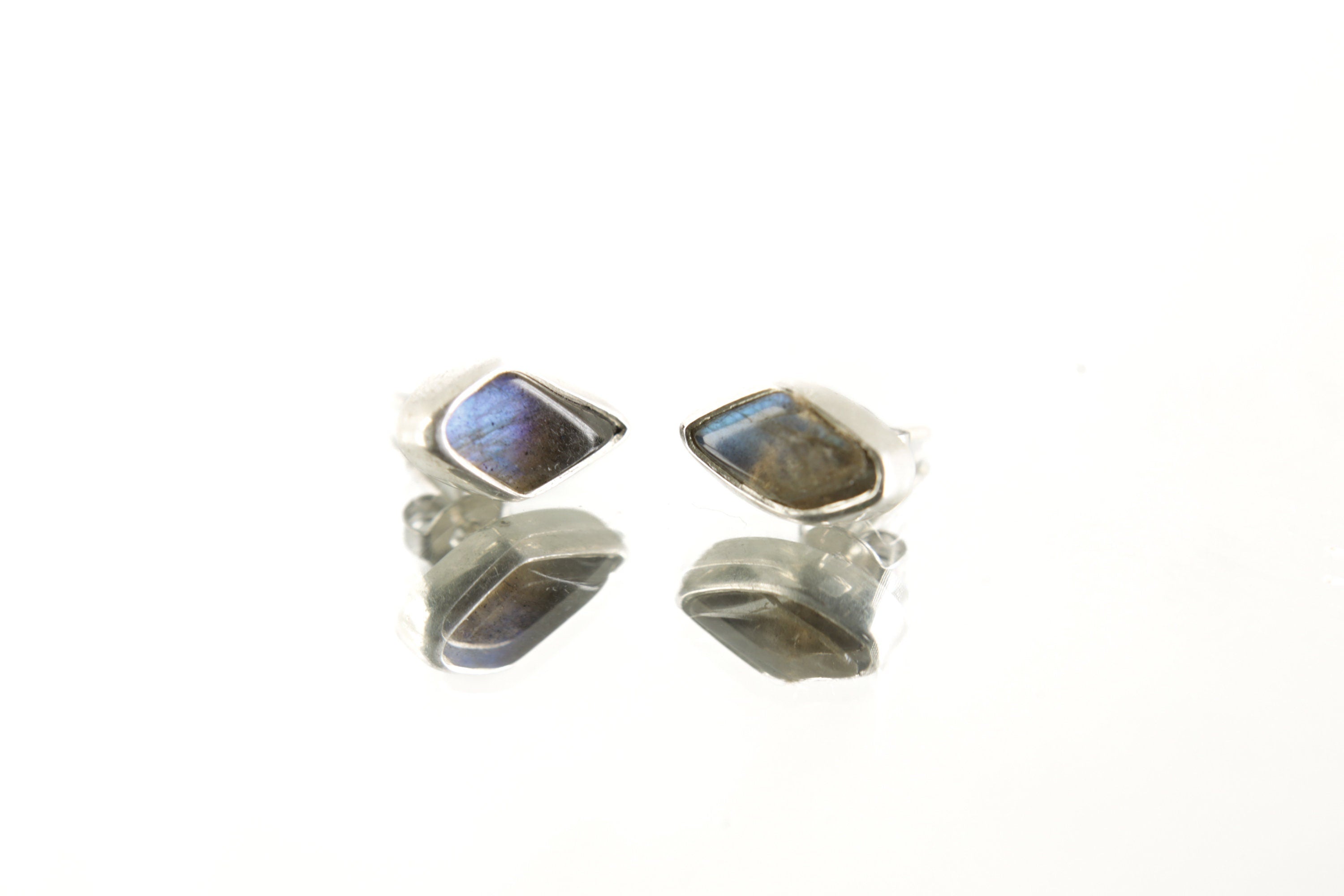 Sterling Silver Earrings with Organic Shaped Rainbow Labradorite, Polished Finish, Freeform Studs, Spiritual Growth & Balance