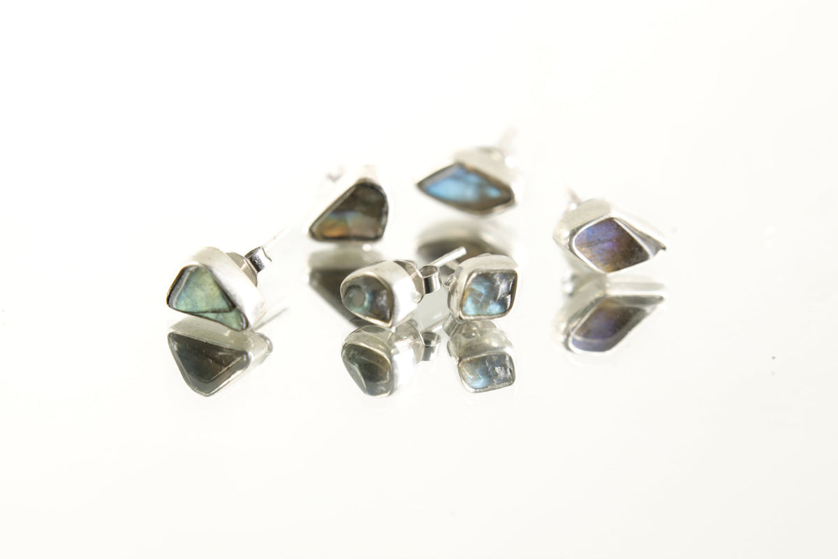 Sterling Silver Earrings with Organic Shaped Rainbow Labradorite, Polished Finish, Freeform Studs, Spiritual Growth & Balance