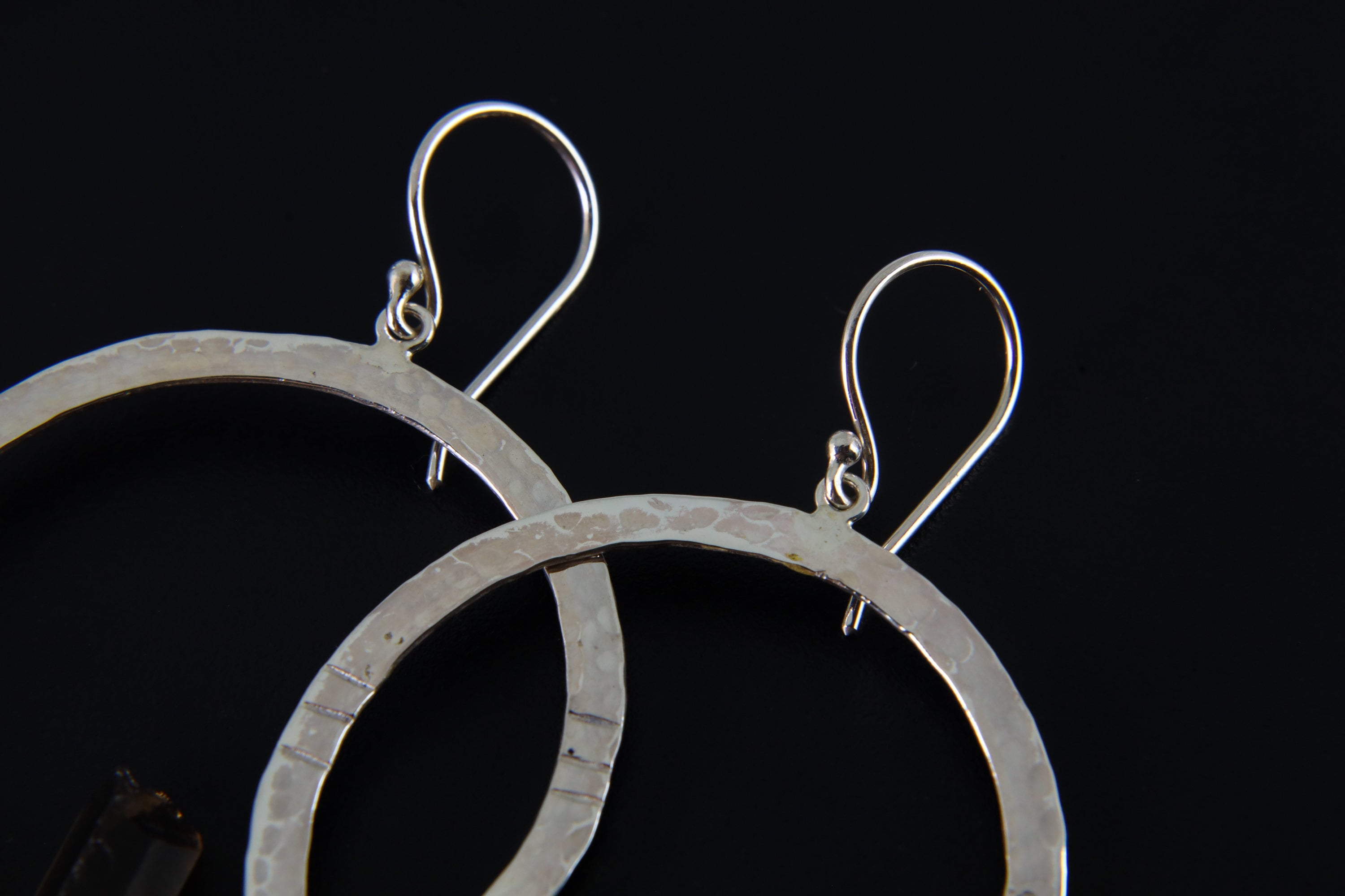 Fossicked Australian Smoky Quartz Point - Circle portal Setting - Oxidised & Textured - Sterling Silver - Hook Dangle Earrings