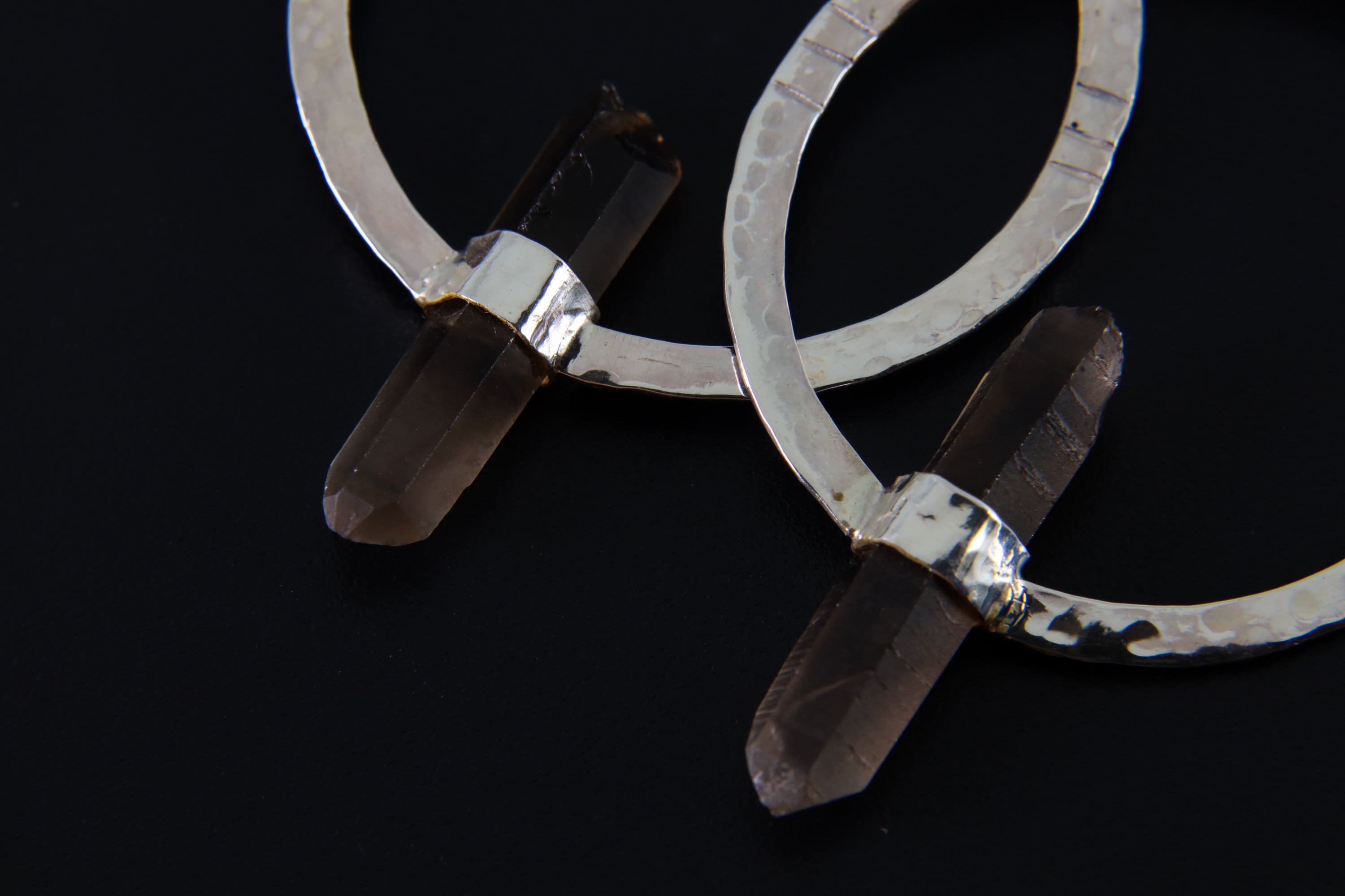 Fossicked Australian Smoky Quartz Point - Circle portal Setting - Oxidised & Textured - Sterling Silver - Hook Dangle Earrings