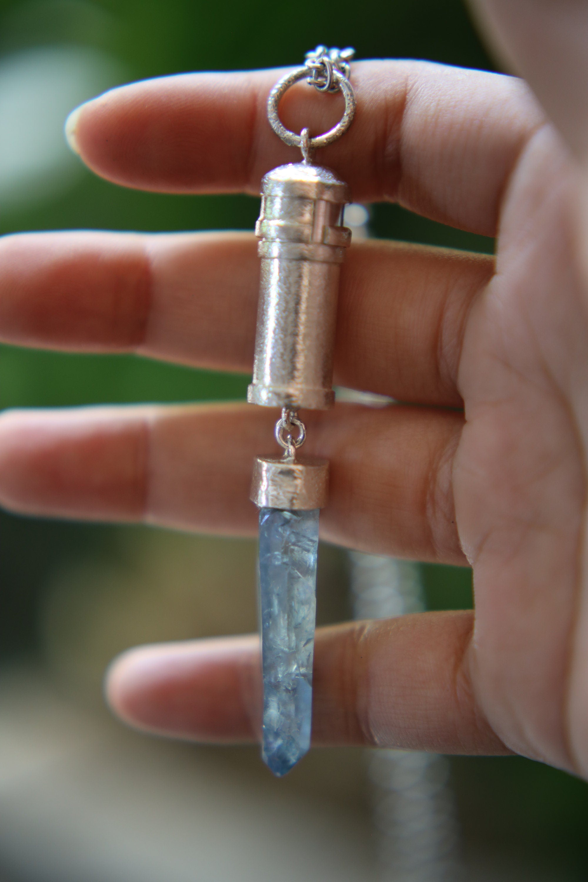 Dangling Aqua Aura Quartz Point - Sizable Solid Capsule Locket - Stash Urn - Textured & Sterling Silver Pendant