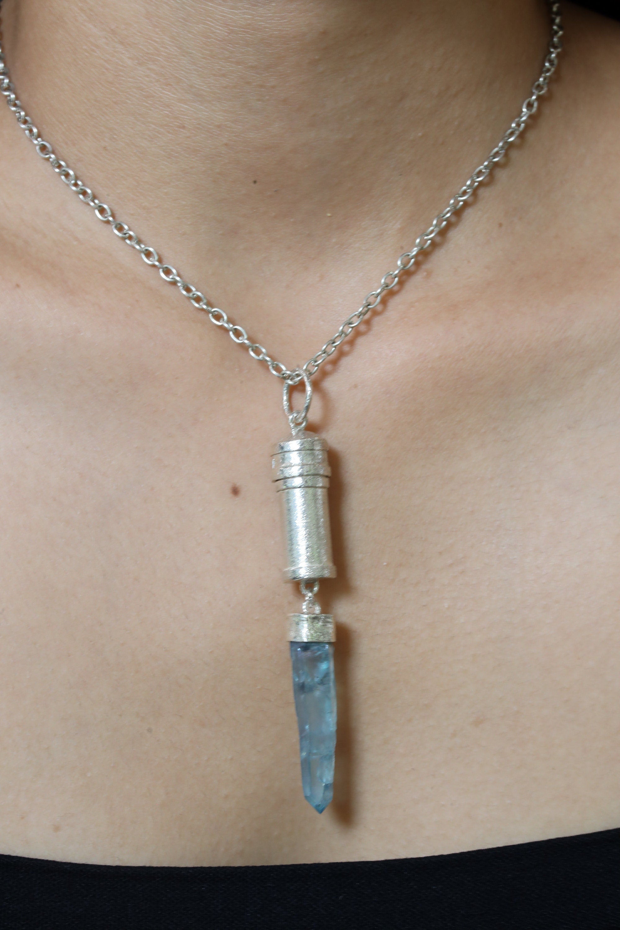 Dangling Aqua Aura Quartz Point - Sizable Solid Capsule Locket - Stash Urn - Textured & Sterling Silver Pendant