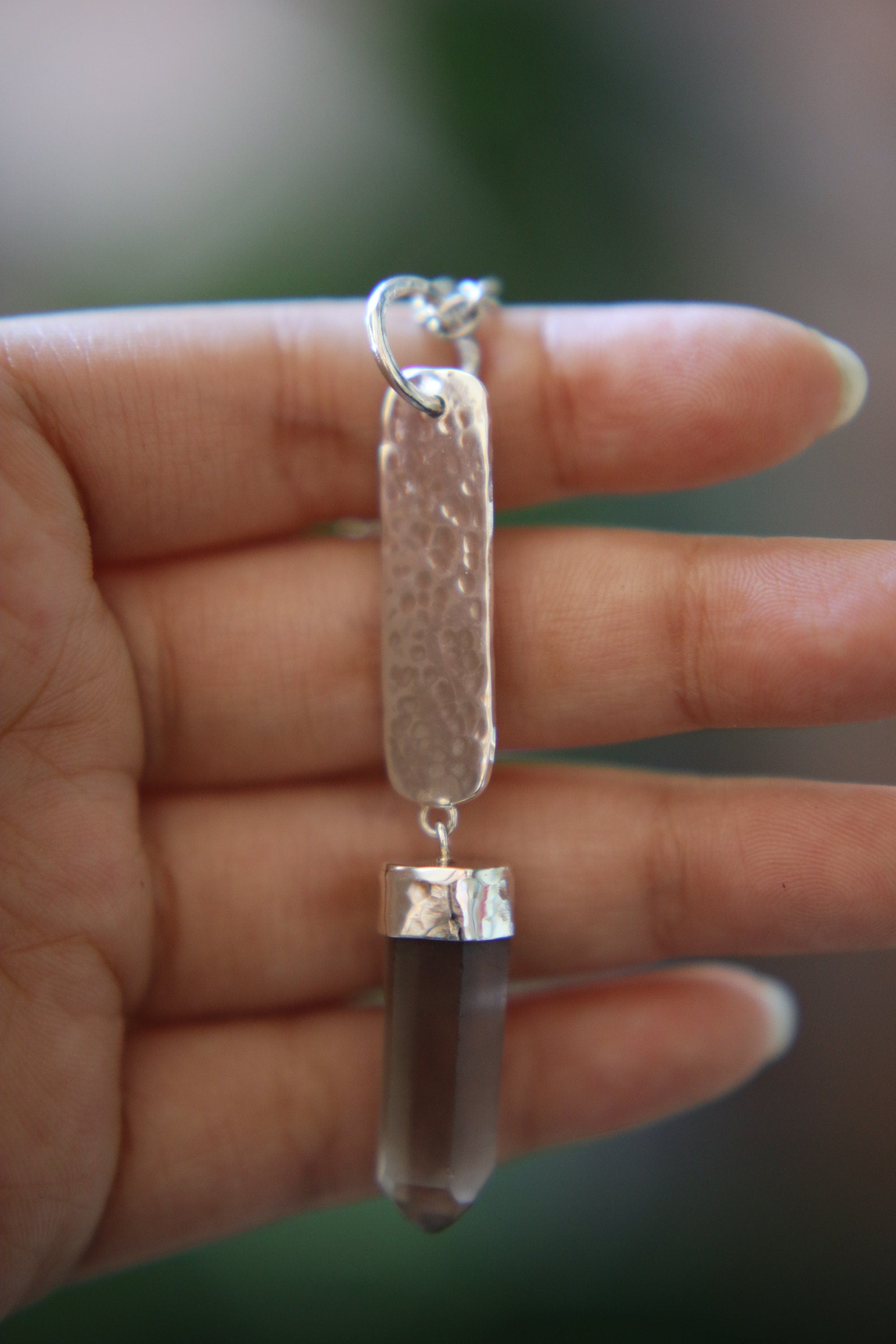 Luminous Shadow Citrine Portal Pendant: Smoky Citrine Window Quartz Point - Sterling Silver - Hammer Texture and Shiny Finish