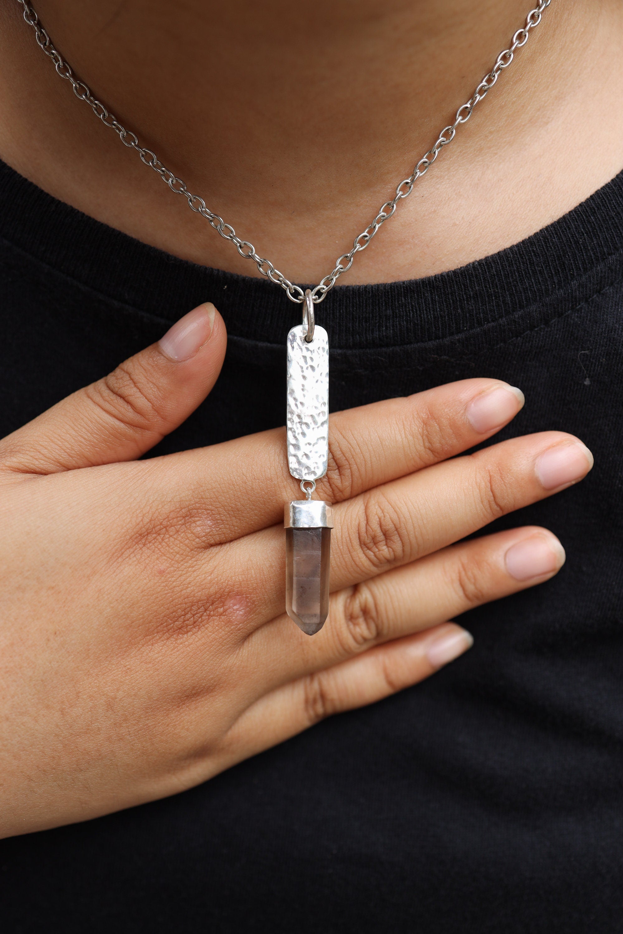 Luminous Shadow Citrine Portal Pendant: Smoky Citrine Window Quartz Point - Sterling Silver - Hammer Texture and Shiny Finish