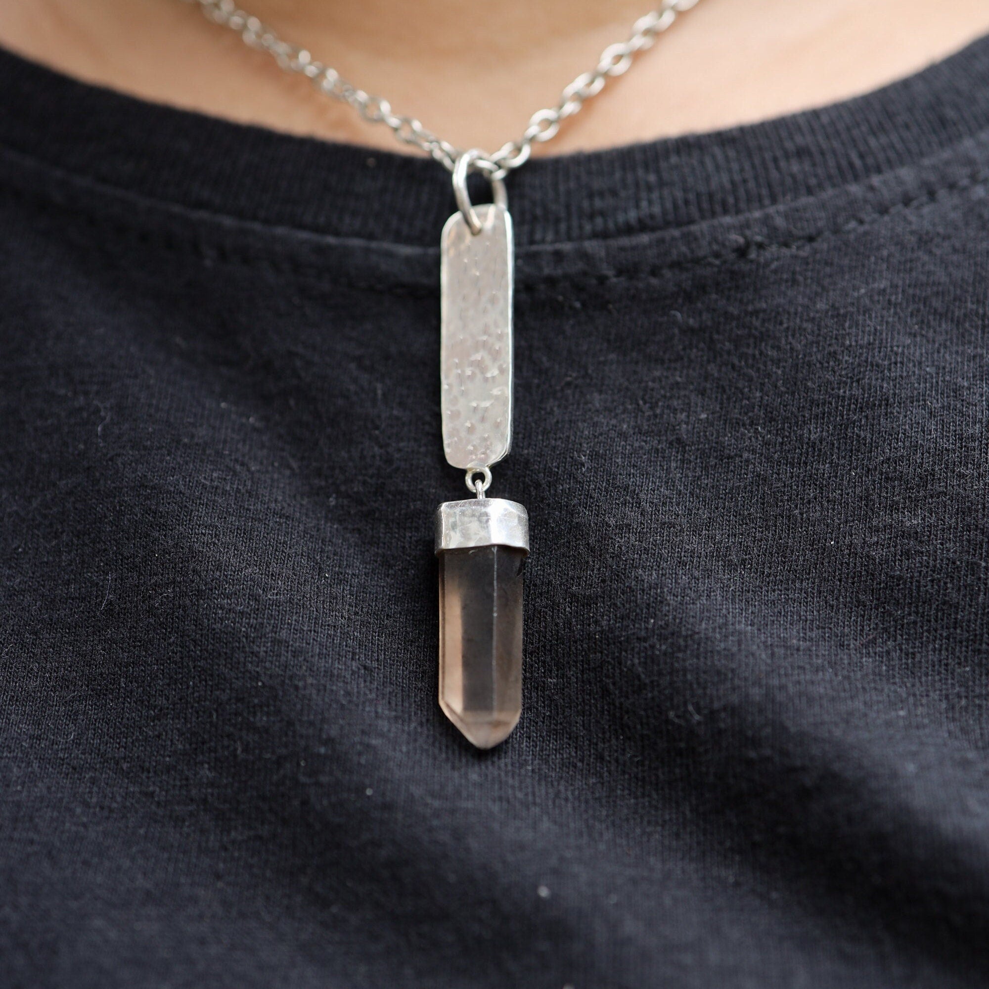 Luminous Shadow Citrine Portal Pendant: Smoky Citrine Window Quartz Point - Sterling Silver - Hammer Texture and Shiny Finish