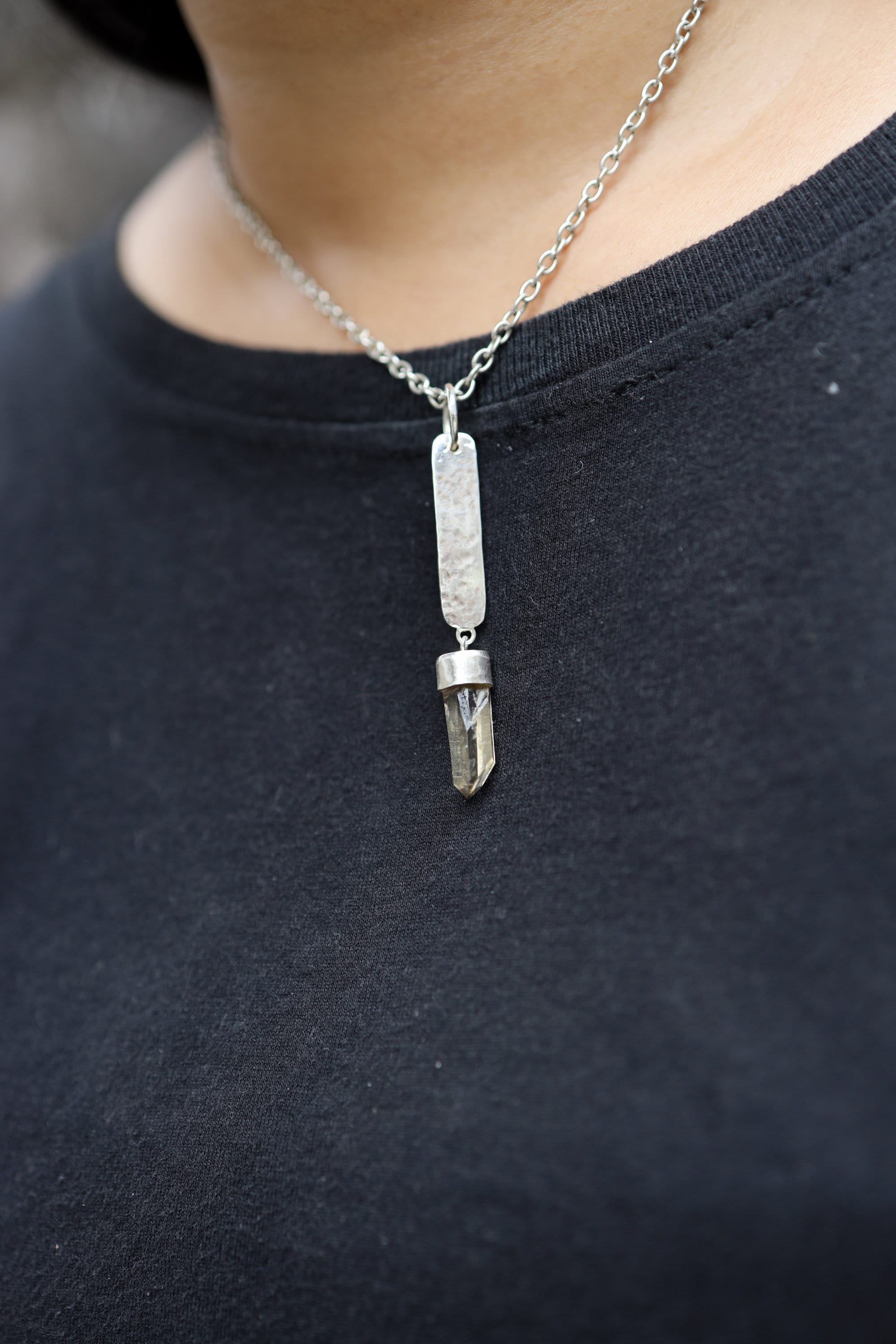 Sterling Silver Necklace with Hand Fossicked Citrine Quartz from Torrington, Hammered Dog Tag Pendant, Customizable, High Shine Finish