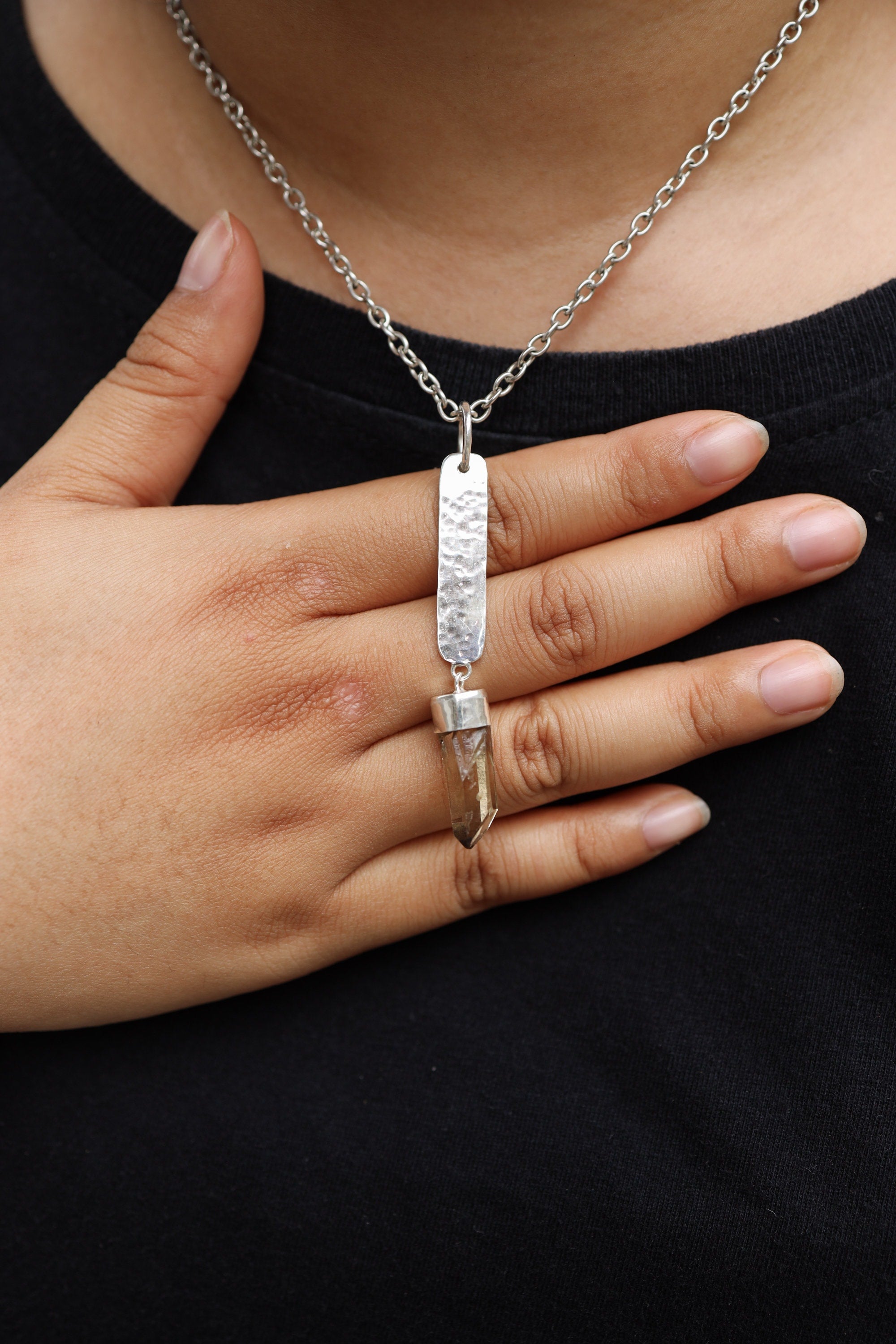 Sterling Silver Necklace with Hand Fossicked Citrine Quartz from Torrington, Hammered Dog Tag Pendant, Customizable, High Shine Finish