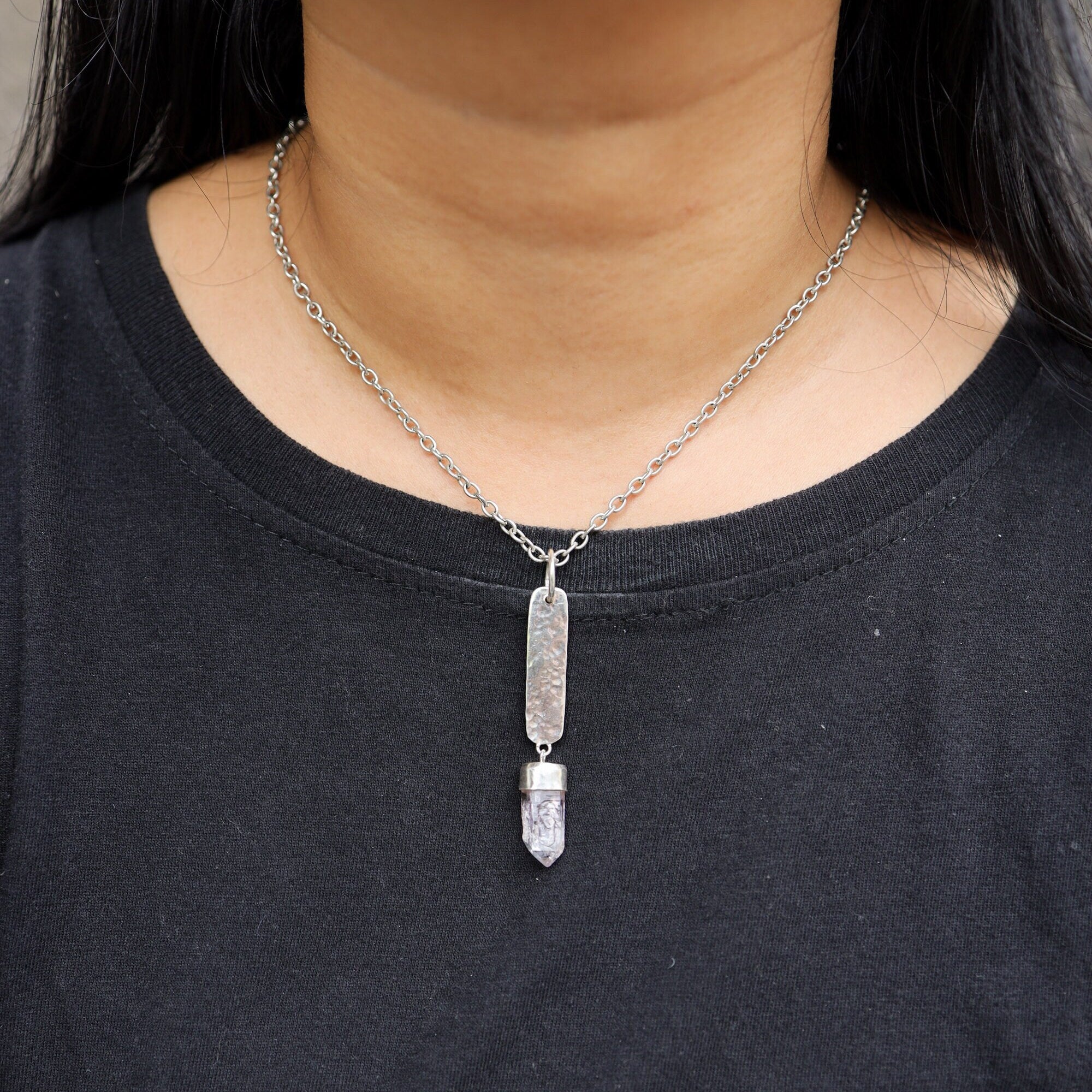 Vera Cruz Amethyst With anhydro Inclusions Pendant - Sterling Silver - Hammer Texture & Shiny Finish