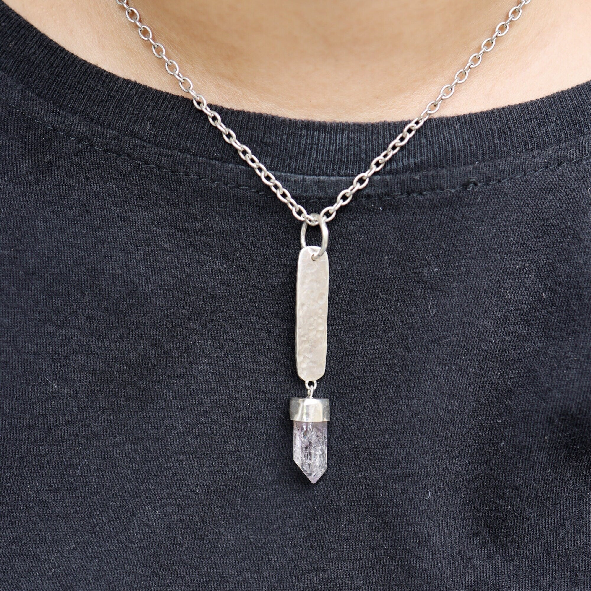 Vera Cruz Amethyst With anhydro Inclusions Pendant - Sterling Silver - Hammer Texture & Shiny Finish