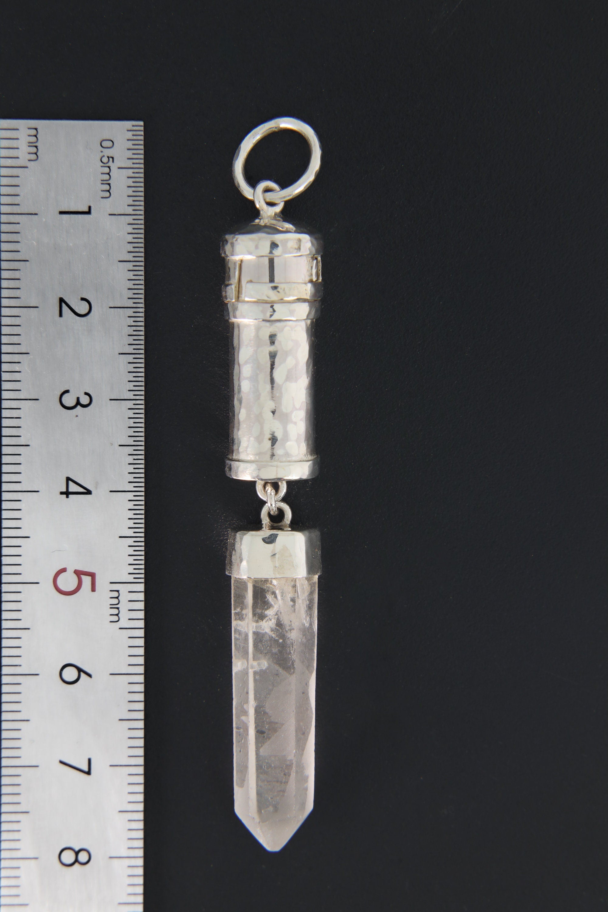 Sterling Silver Pendant with Dangling Australian Clear Quartz Point, Capsule Locket Necklace, Sand Textured, Stash Urn Charm