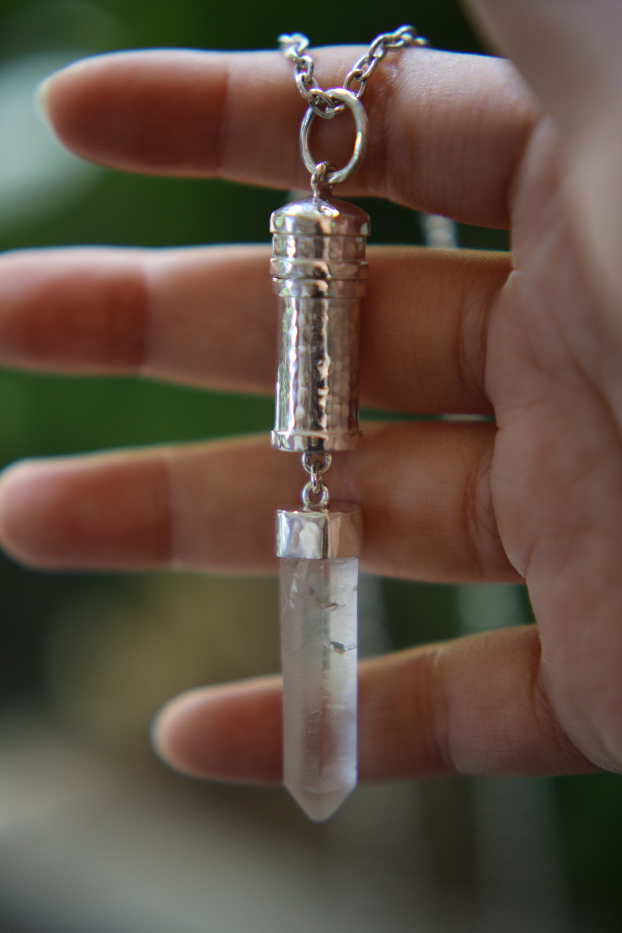 Sterling Silver Pendant with Dangling Australian Clear Quartz Point, Capsule Locket Necklace, Sand Textured, Stash Urn Charm