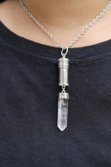 Sterling Silver Pendant with Dangling Australian Clear Quartz Point, Capsule Locket Necklace, Sand Textured, Stash Urn Charm