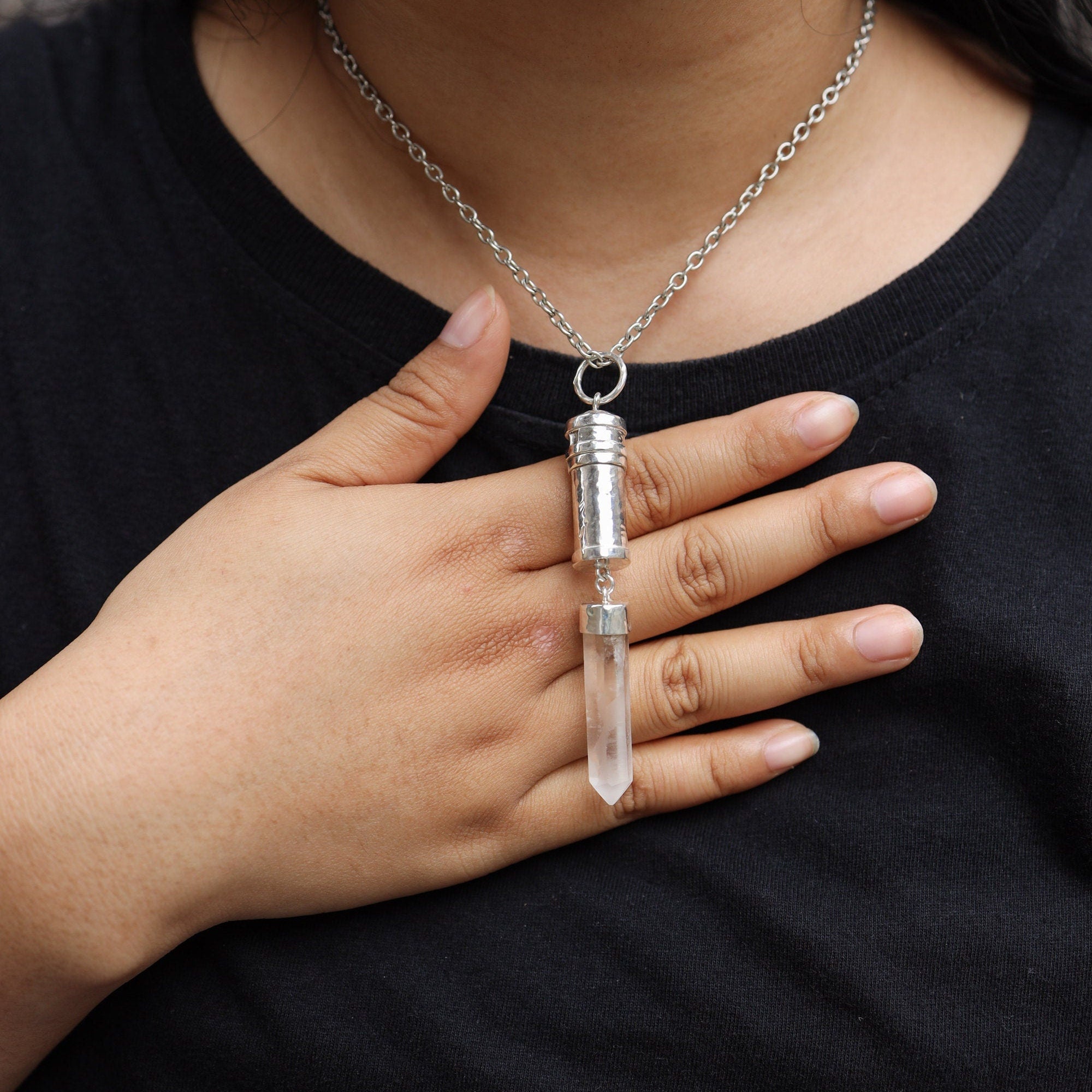 Sterling Silver Pendant with Dangling Australian Clear Quartz Point, Capsule Locket Necklace, Sand Textured, Stash Urn Charm