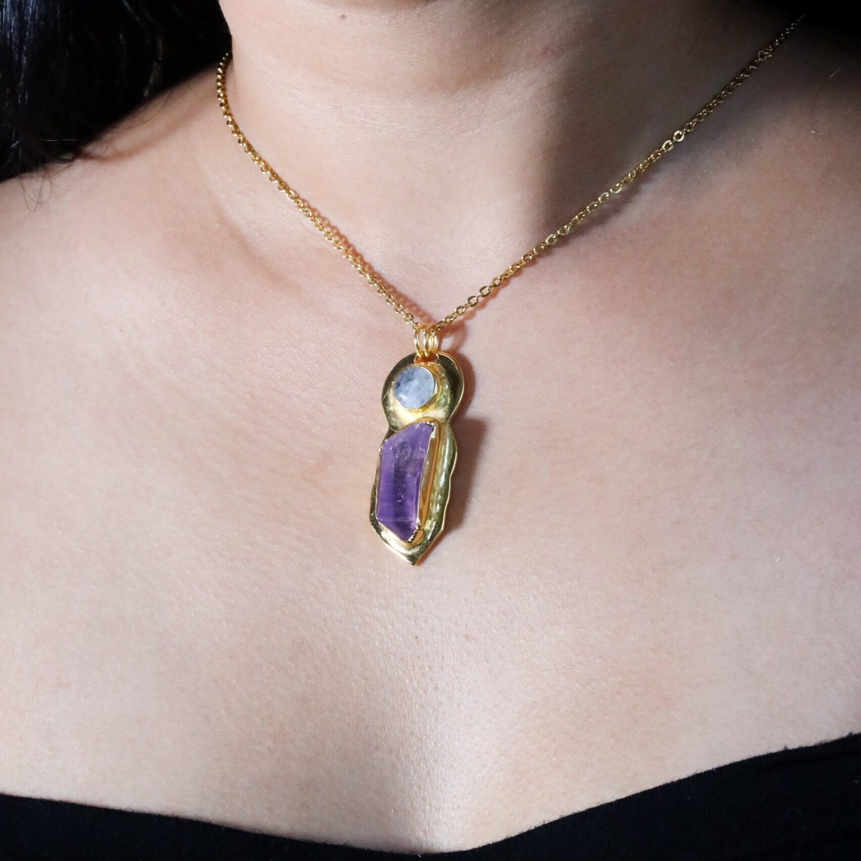 Brass Pendant adorned with Teardrop Moonstone & Vera Cruz Amethyst - Gold Plated - Double Bail Design